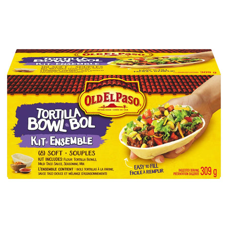 Old El Paso Tortilla Bowl Kit packaging with a hand holding a bowl of salad.