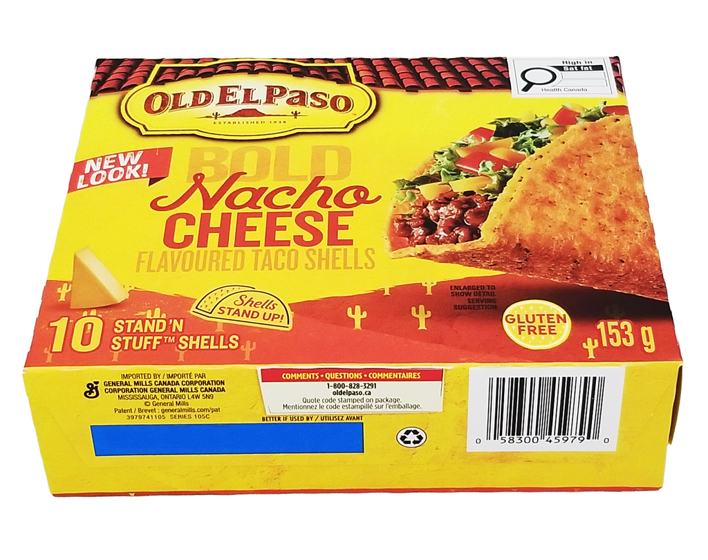 Box of Old El Paso Gold Nacho Cheese flavored taco shells on a white background