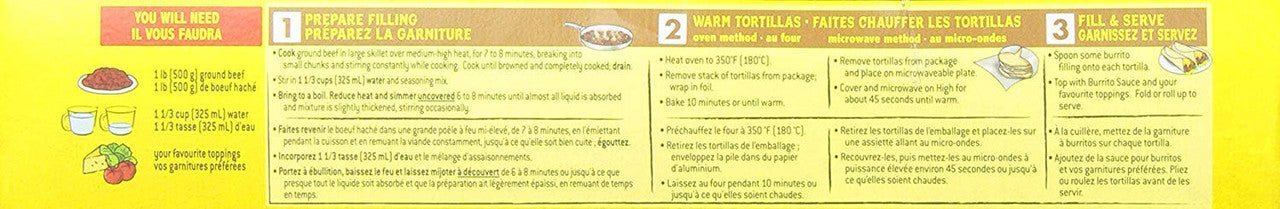 Old El Paso Burrito Dinner Kit, 510 gram/18 oz Box Instructions