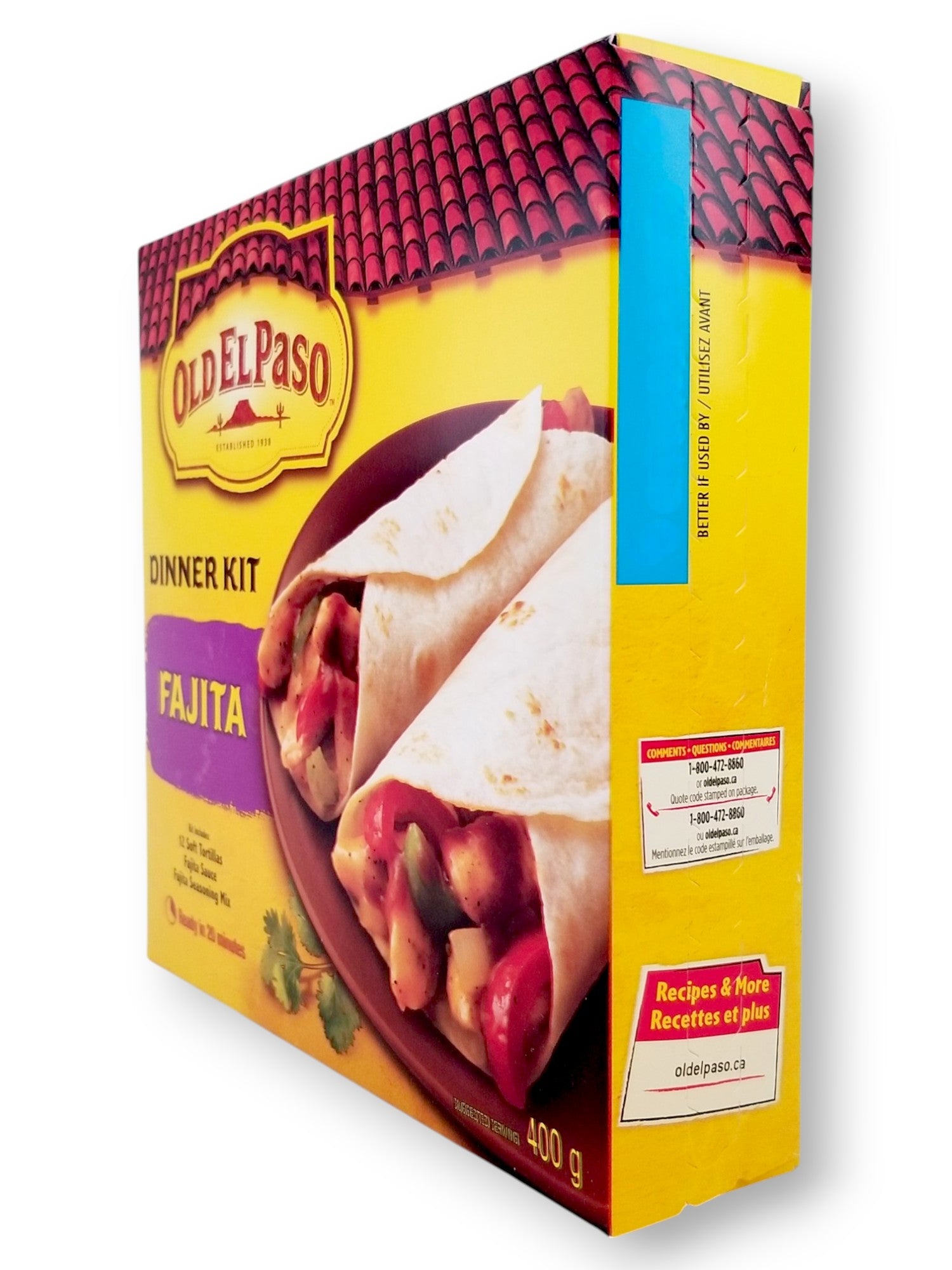 Old El Paso Fajita Dinner Kit –  Makes 12 Tortillas, 400g (14.1 oz) Box – Left Side