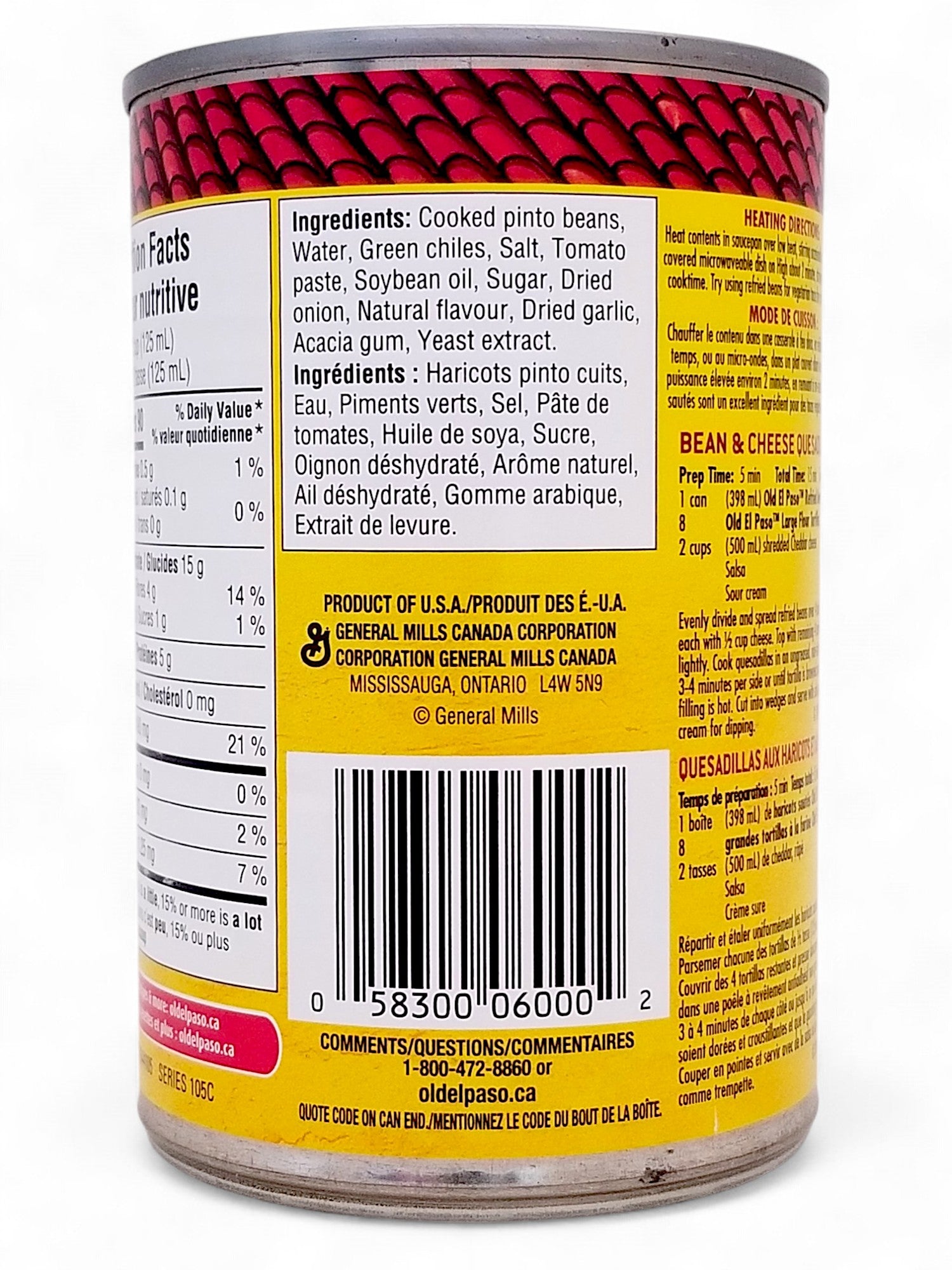 Old El Paso Refried Beans with Mild Green Chilies, 398ml/13.5oz. - Back