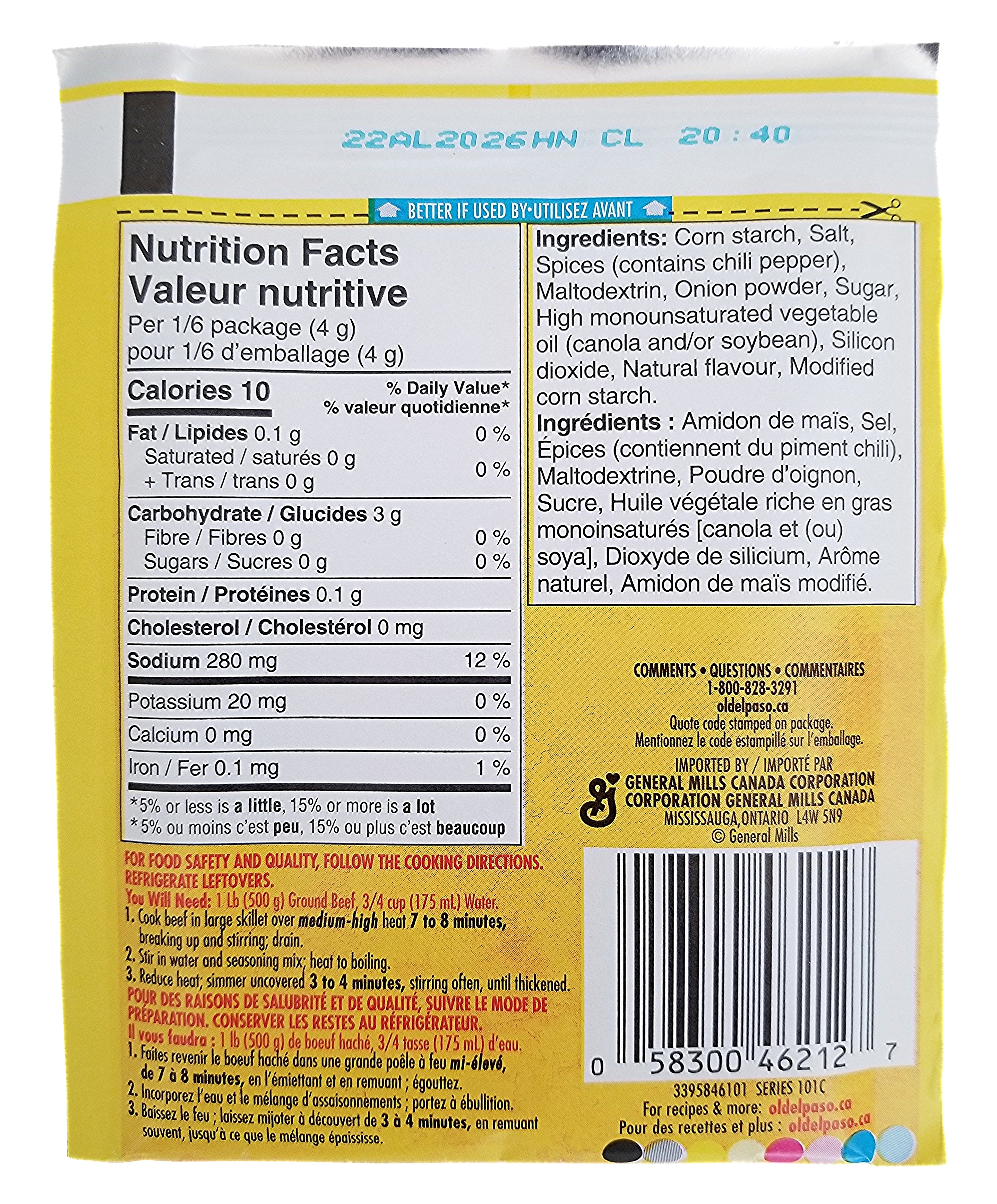 Old El Paso Taco Seasoning Mix, 24g/1 oz - Back