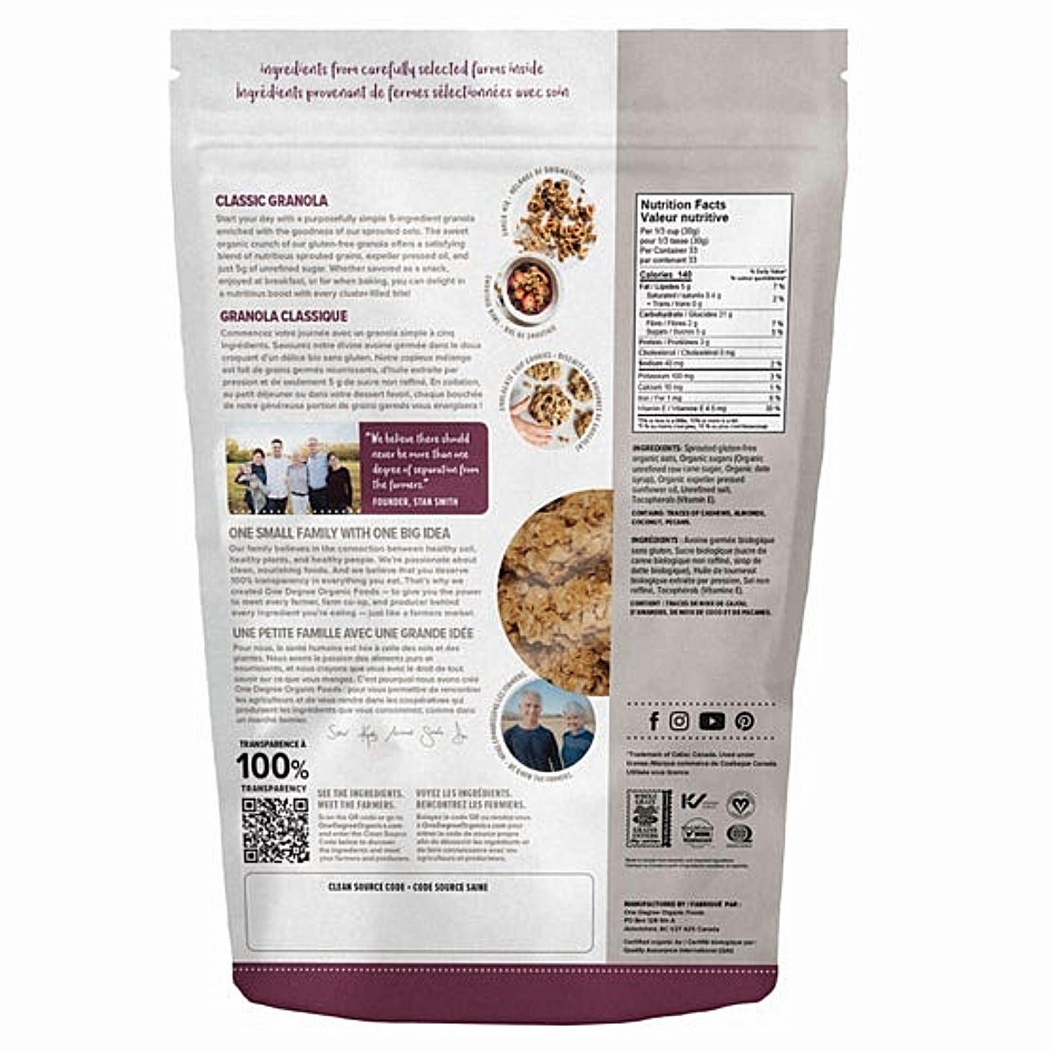 One Degree Organic Foods Sprouted Classic Granola 1 kg bag back view — product details and certifications