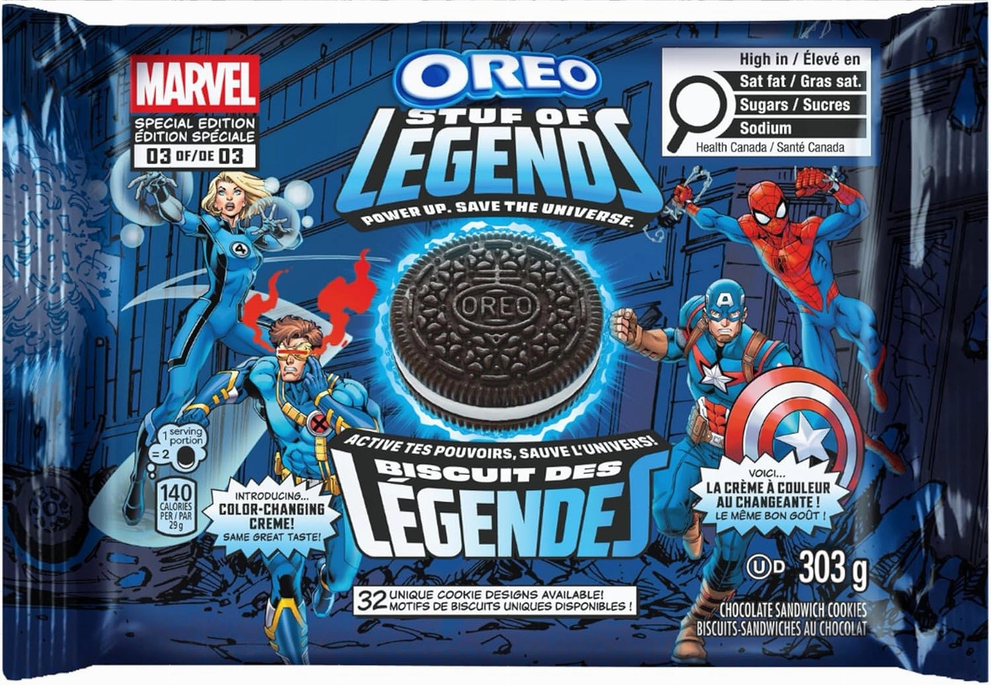 OREO Stuf of Legends packaging featuring superhero characters and Marvel branding.