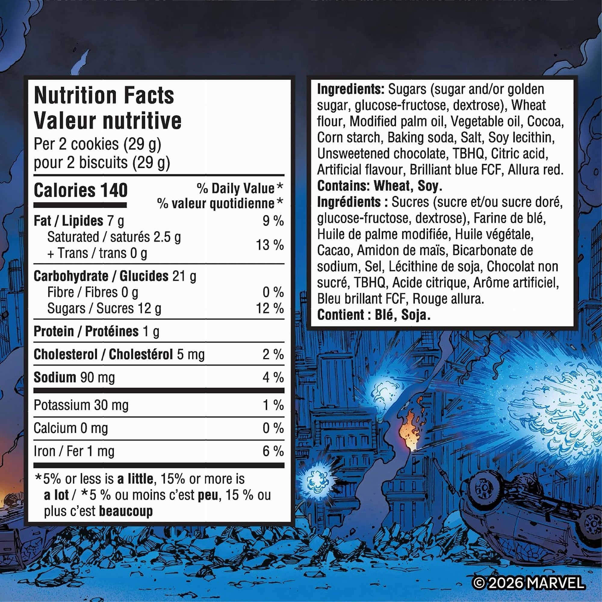 Nutrition facts label and ingredients list for Oreo Stuf Of Legends Chocolate Sandwich Cookies 303g package with a dark, comic book-style background.