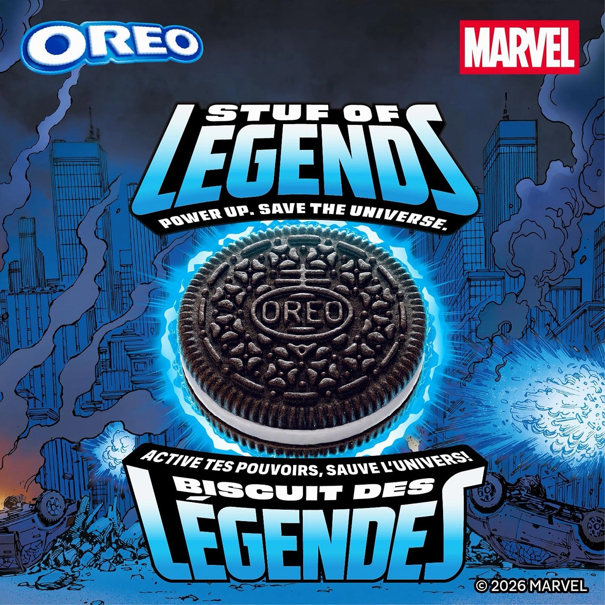 OREO Marvel Stuf of Legends cookie with superhero theme and cityscape background
