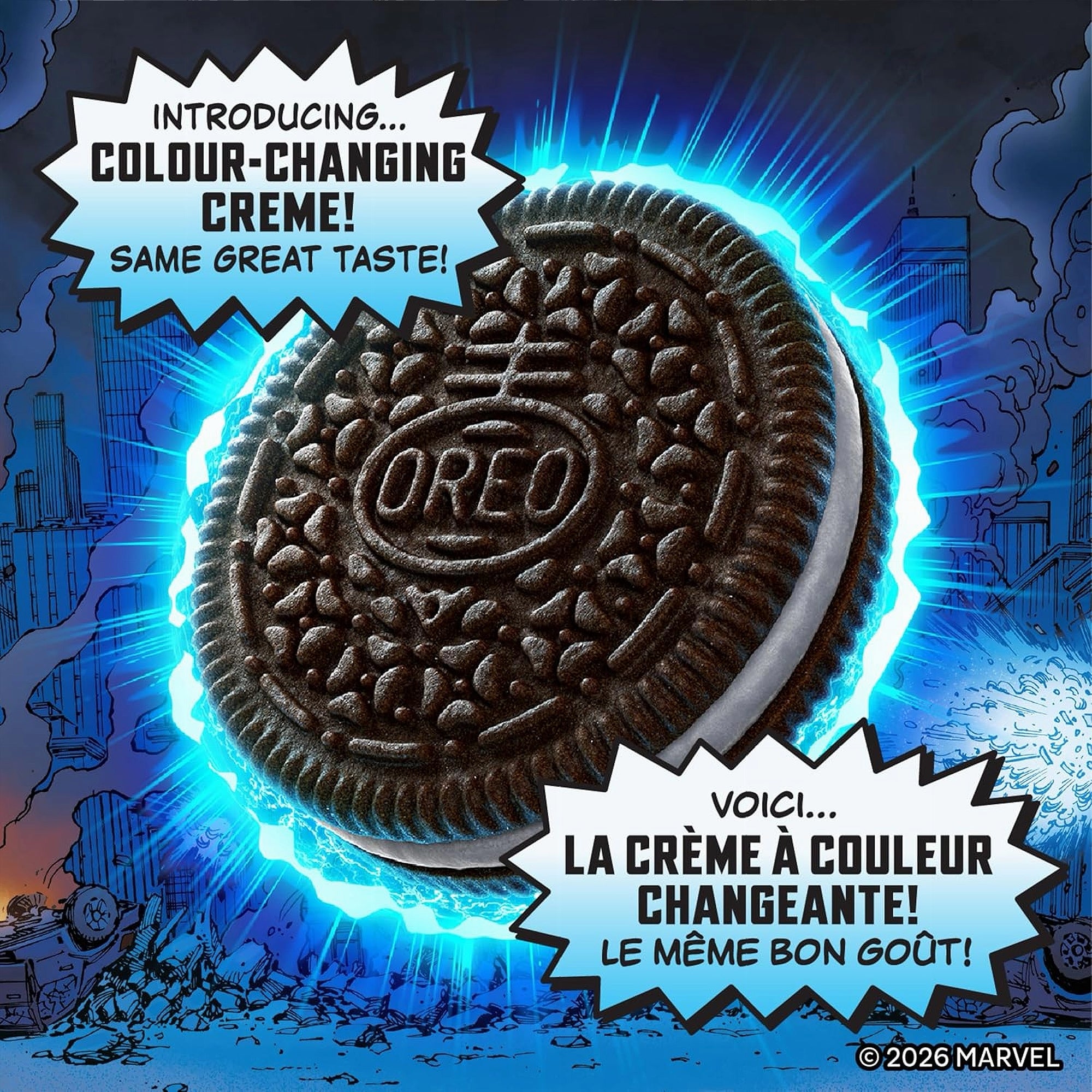 OREO cookie with color-changing cream on a comic book style background