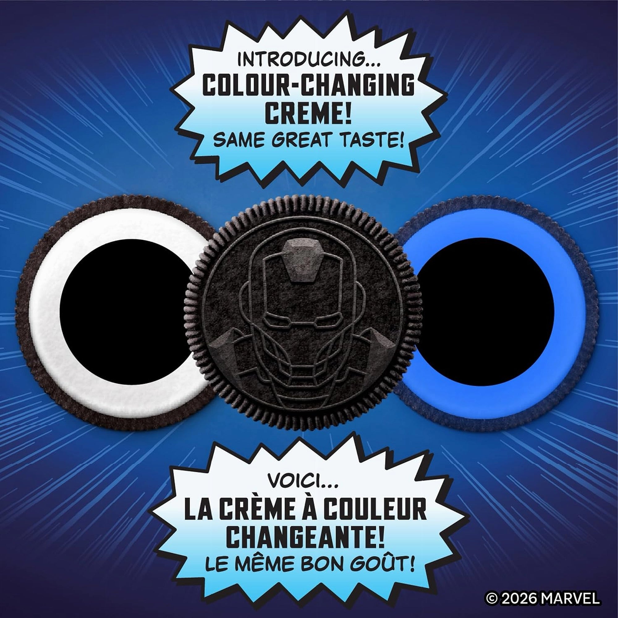 Oreo cookie with Iron Man design on a blue background with text about color-changing cream.