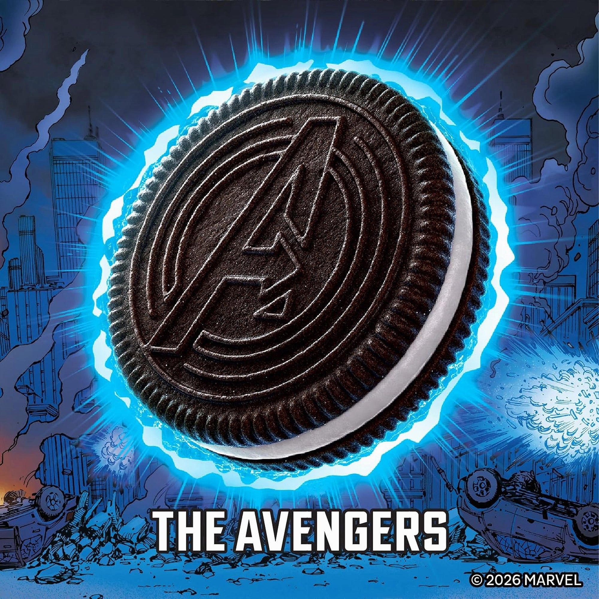 Oreo cookie with Avengers logo against a comic book-style background