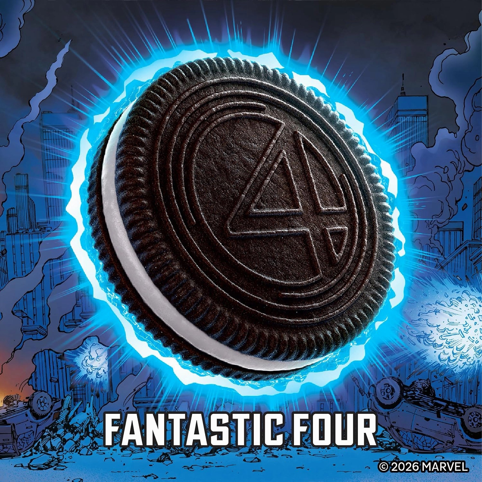 Oreo cookie with Fantastic Four logo on a comic book style background