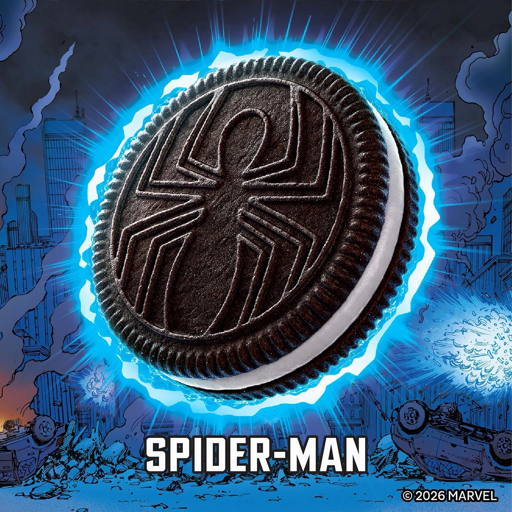 Spider-Man themed Oreo cookie with comic book style background