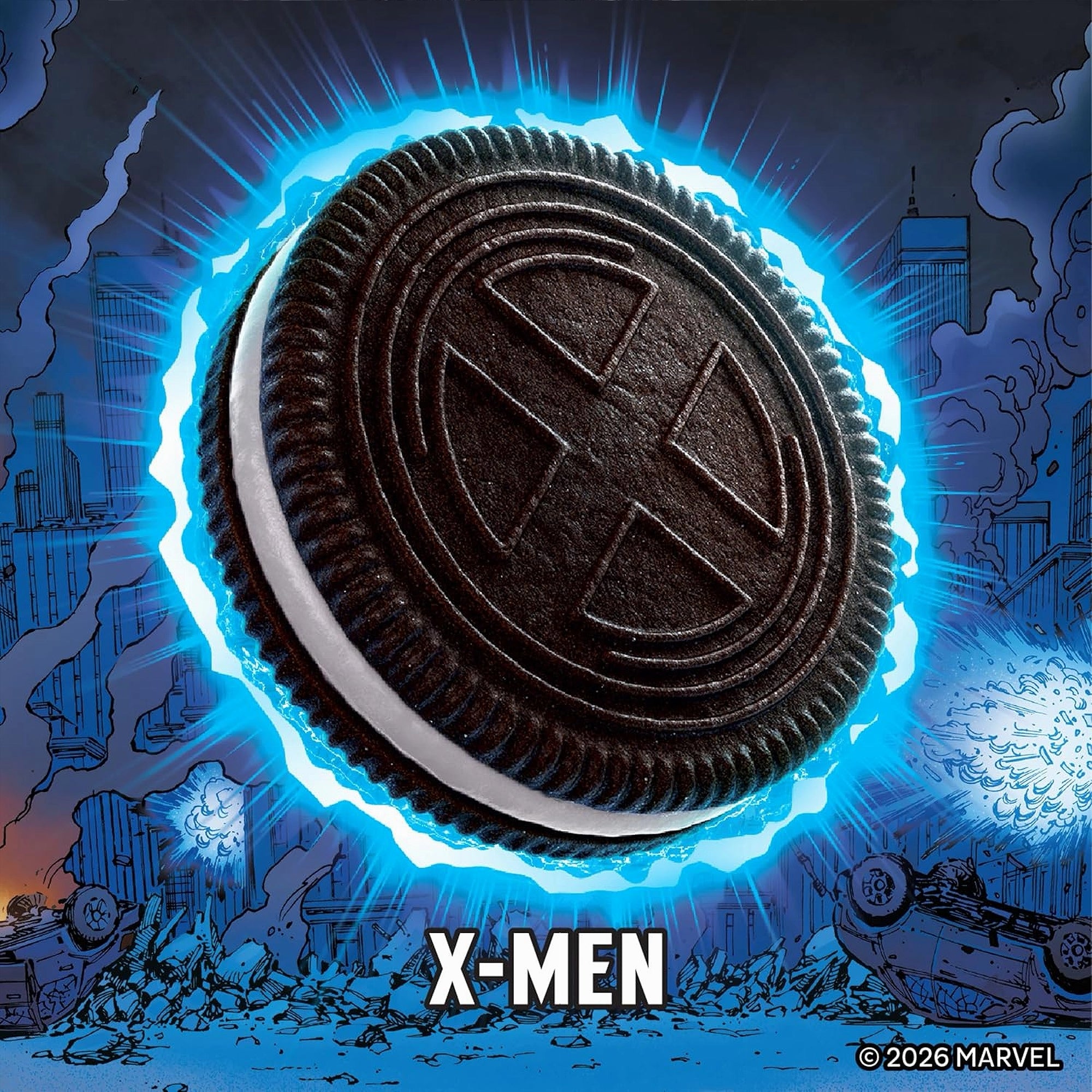 Oreo cookie with X-Men logo on a comic book style background