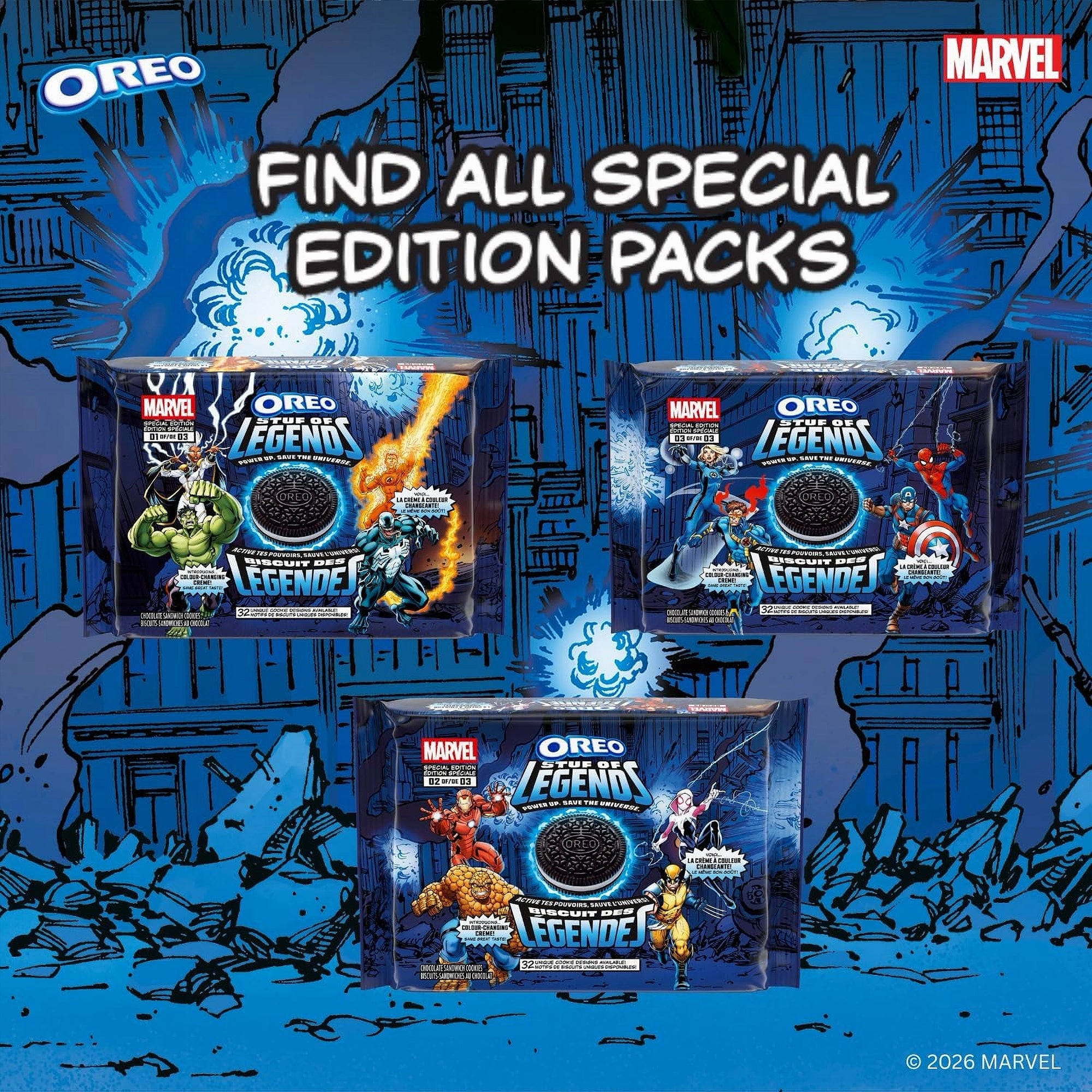 OREO Marvel Legends special edition packs on a blue background with superhero graphics.