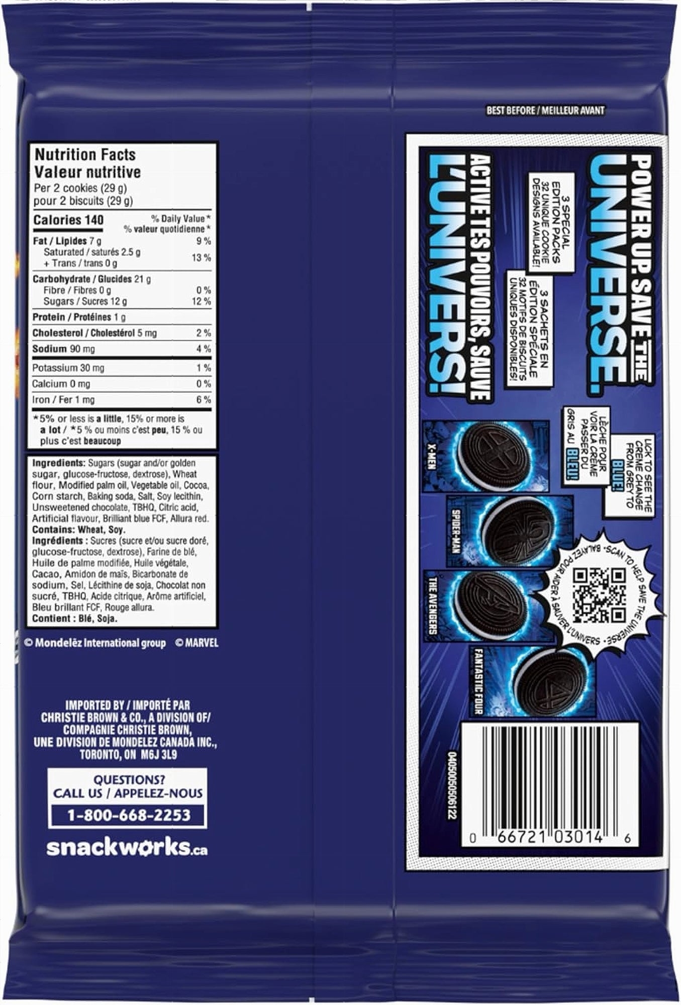 Back view of a Oreo Stuf Of Legends Chocolate Sandwich Cookies 303g snack package with text, graphics, and a QR code on a blue background