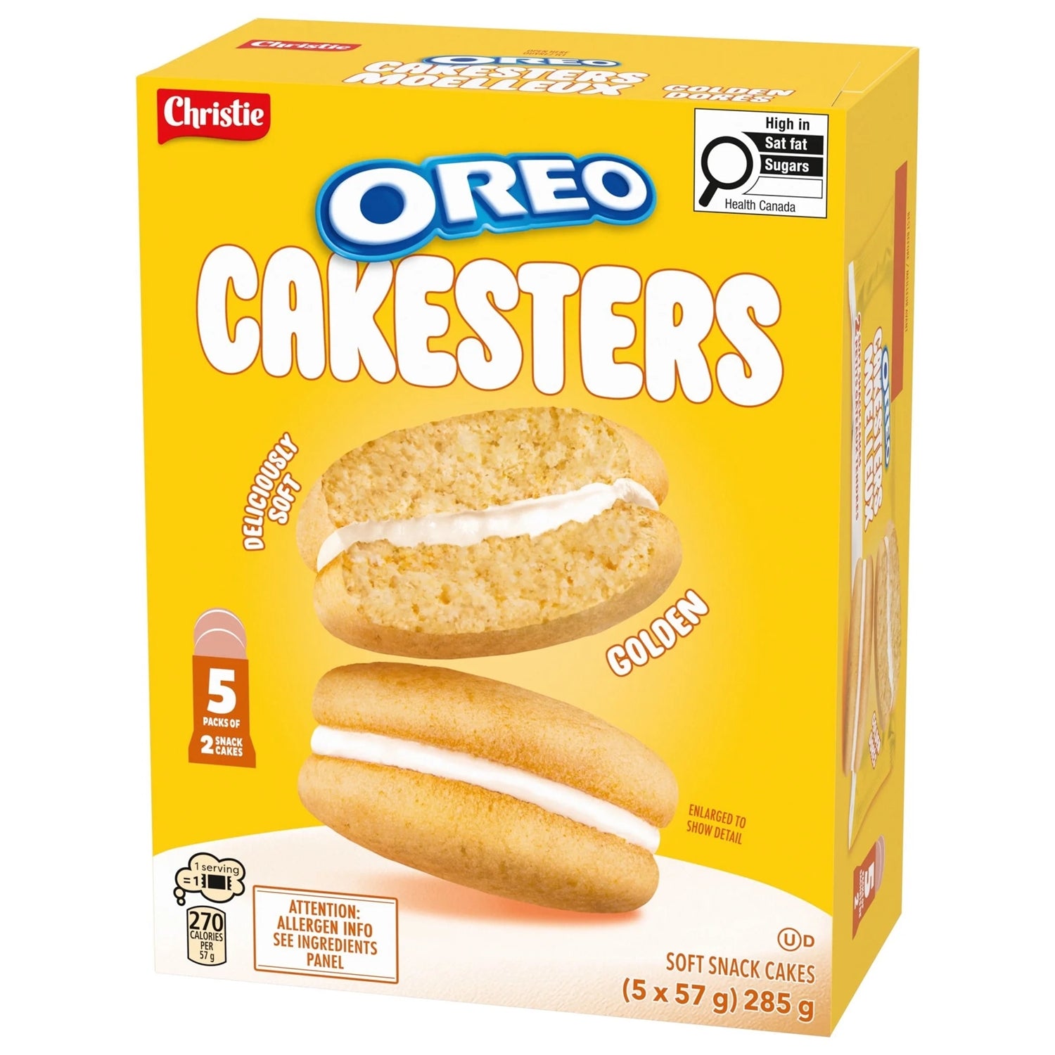 Box of Oreo Golden CAKESTERS, Soft Baked Sandwich Cakes 5x57g with yellow background and product image.