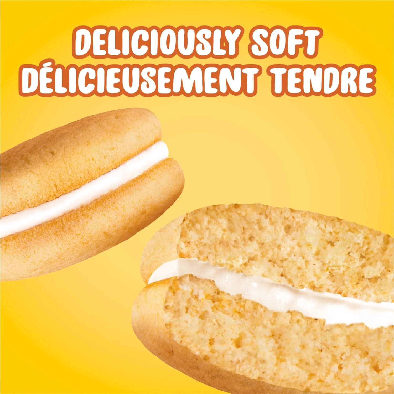 Two sandwich cookies with cream filling on a yellow background with text 'Deliciously Soft' in English and French.