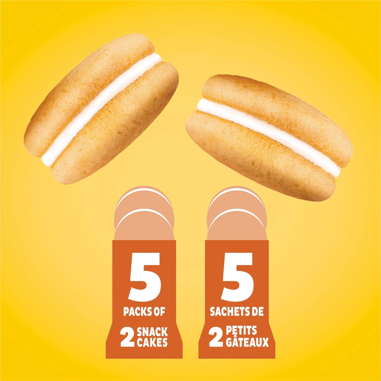Two snack cakes with white filling above two packages labeled '5 packs of 2 snack cakes' on a yellow background.