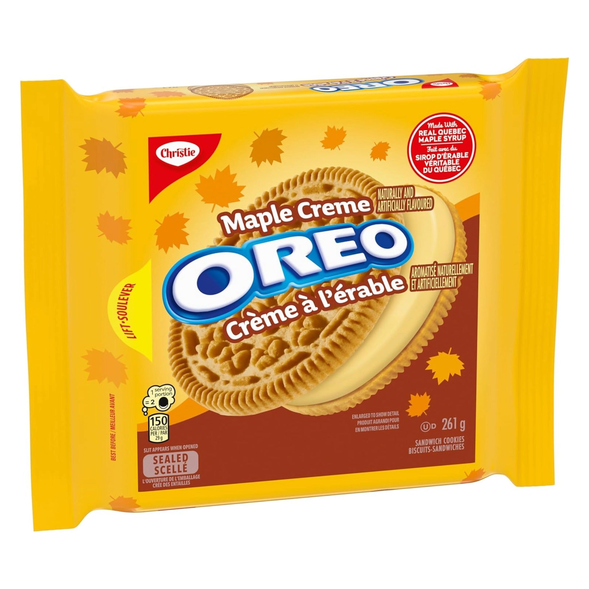 A package of Chrítie's Maple Creme Oreo cookies, featuring a bright yellow wrapper with autumn maple leaf graphics and a large image of the sandwich cookie on the front.