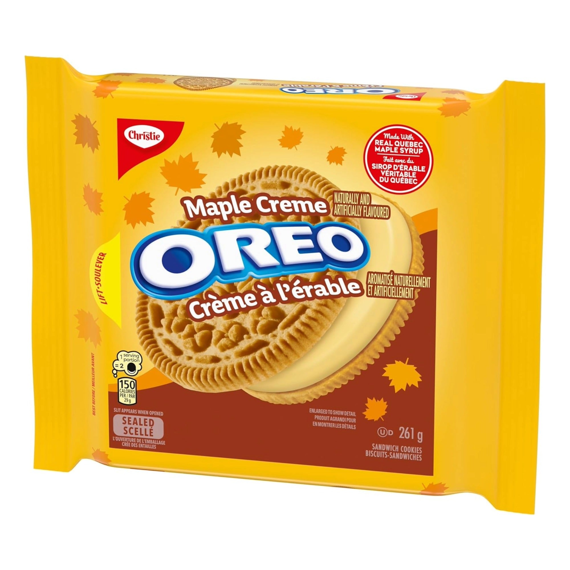 A package of Christle Oreo Maple Creme sandwich cookies, featuring a bright yellow wrapper with autumn maple leaf graphics and a large image of the cream-filled cookies.