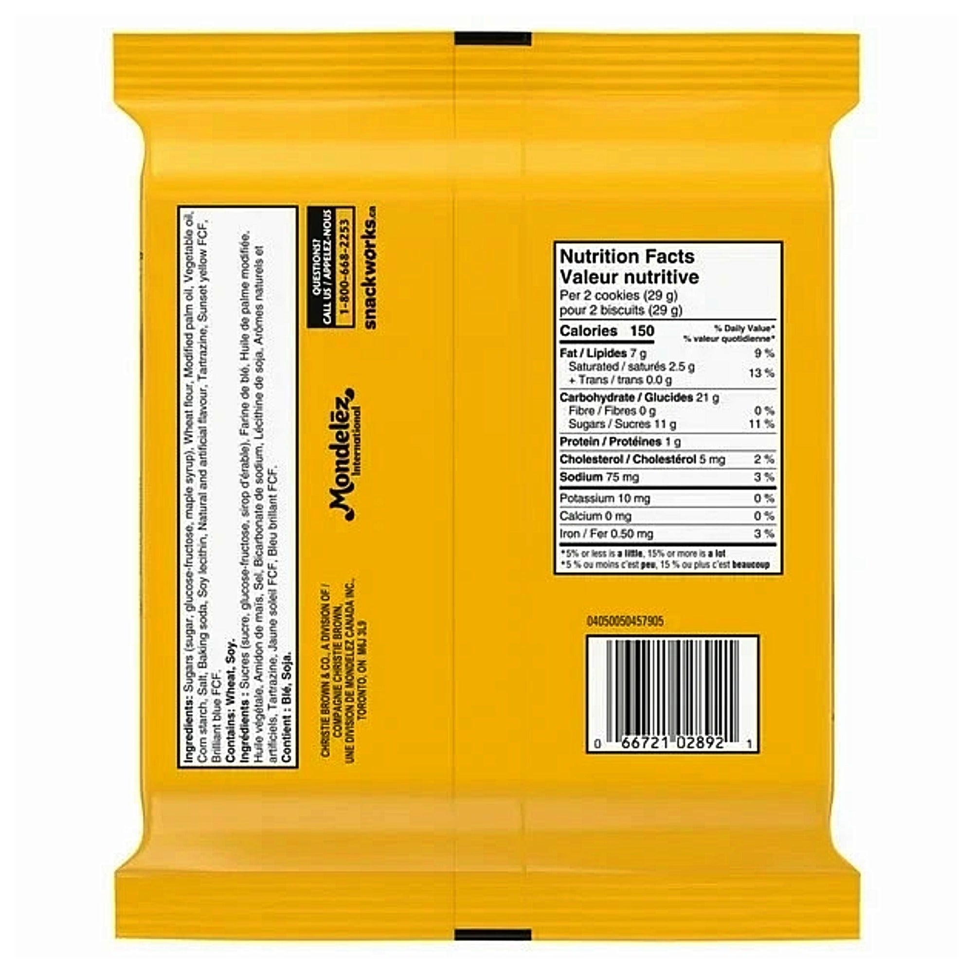 The back of a yellow Mondelez Oreo Maple Creme cookie package, showing nutrition facts, ingredients, and a barcode on a plain white background.