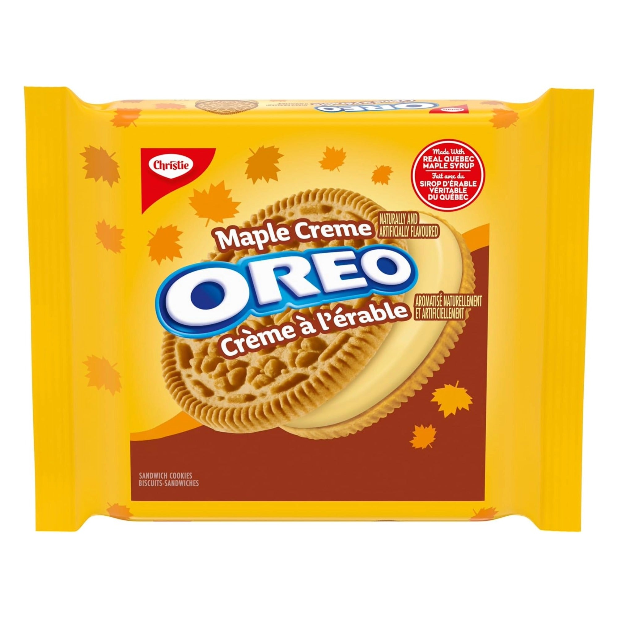 A package of Oreo Maple Creme Sandwich Cookies, featuring the yellow and brown wrapper with the Oreo logo and an illustration of the cookie.