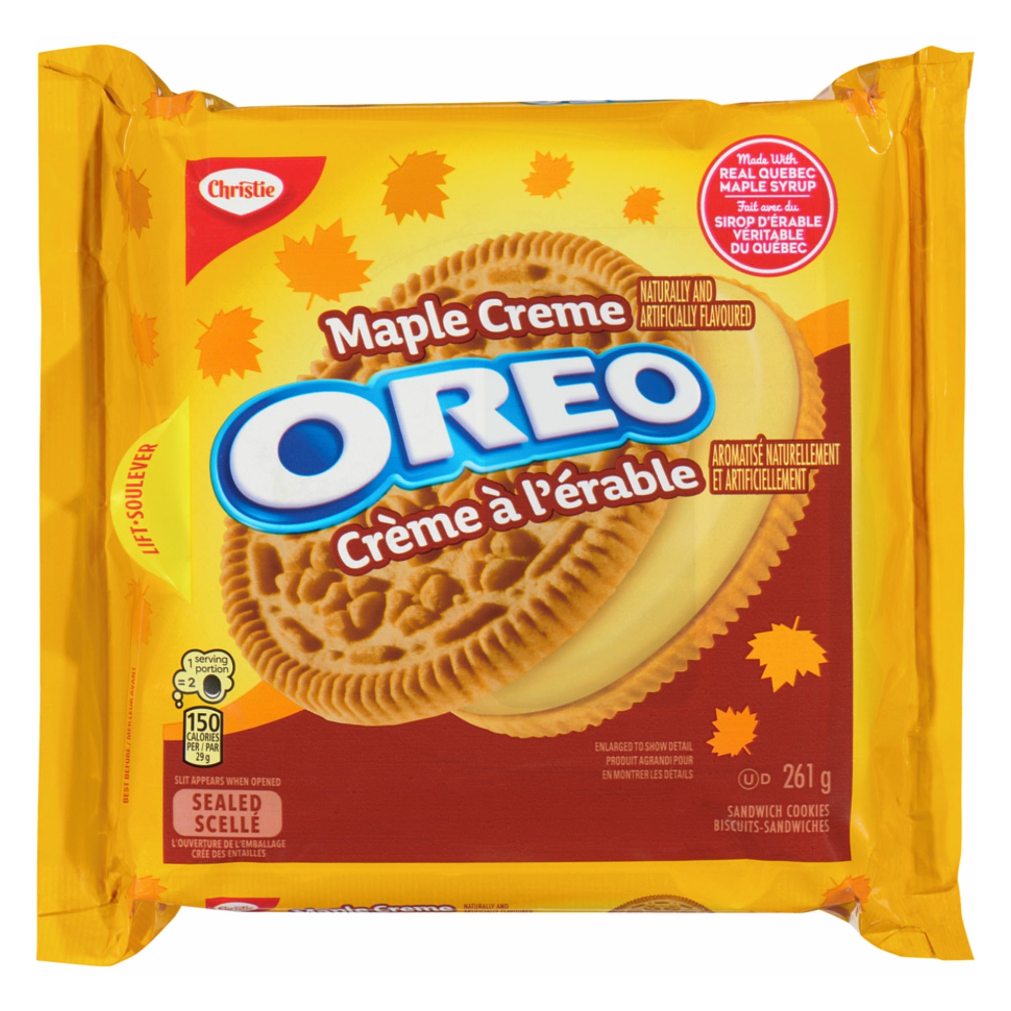 A package of Christie Oreo Maple Creme sandwich cookies, featuring a bright yellow and red wrapper with maple leaf graphics and a large image of the cookie on the front.
