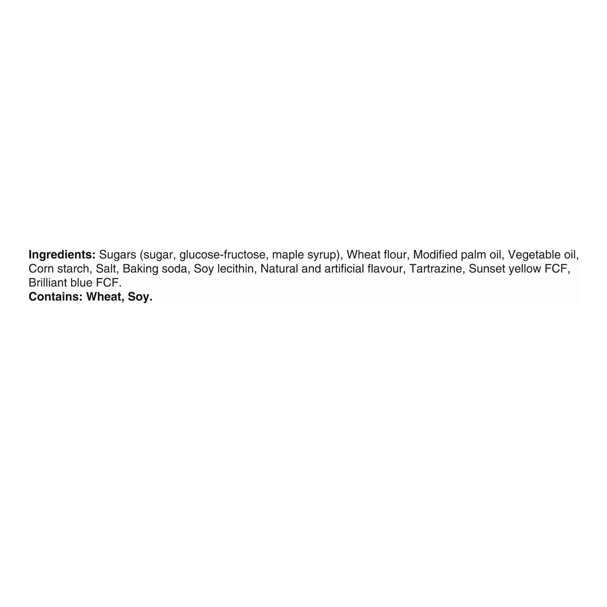 A plain white square card with black text listing the ingredients of a product, including wheat, soy, corn starch, baking soda, and various food flavoring agents.