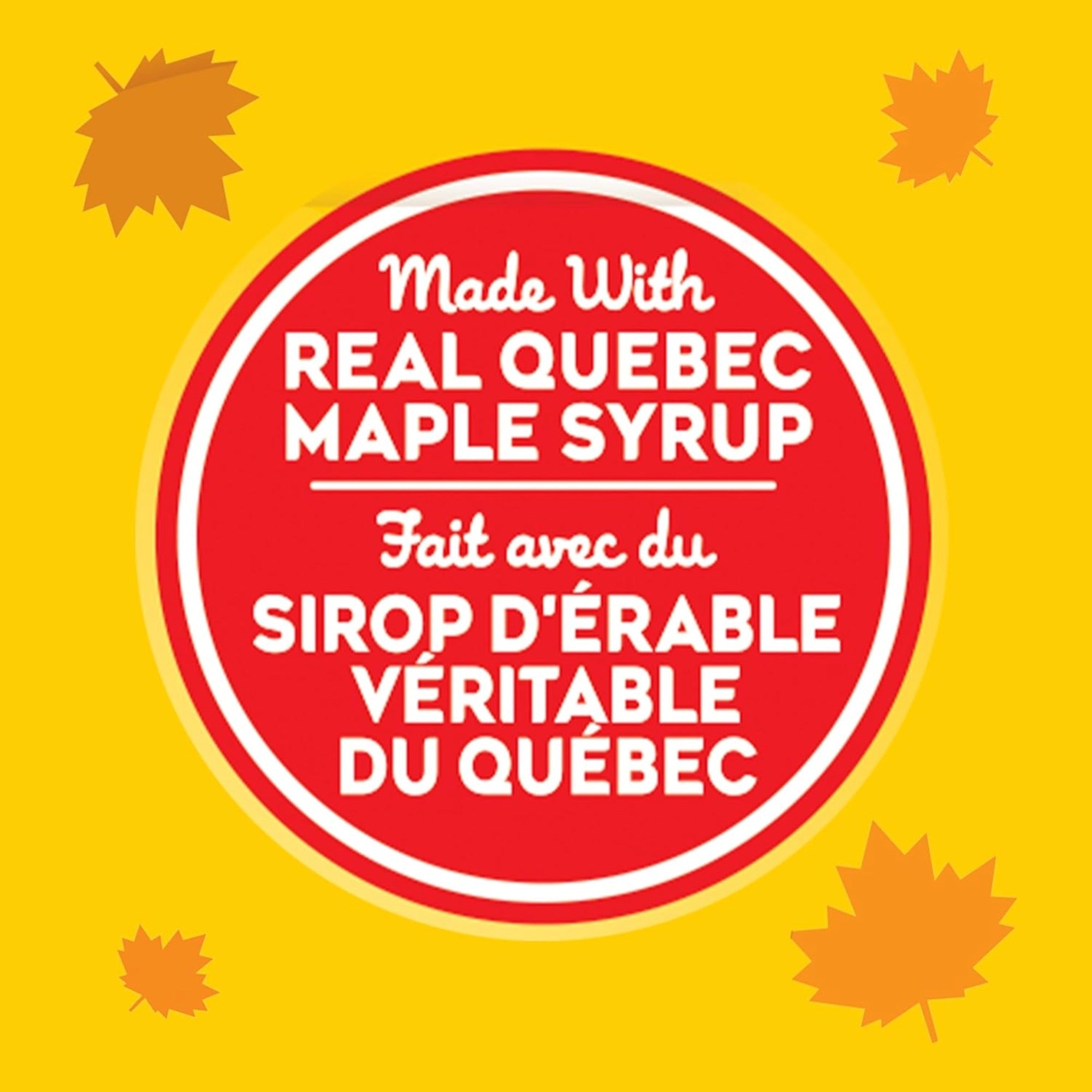 A square graphic with a bright yellow background and scattered orange maple leaf illustrations. A large red circular badge in the center contains white text reading “Made With REAL QUEBEC MAPLE SYRUP” and “Fait avec du SIROP D’ÉRABLE VÉRITABLE DU QUÉBEC.