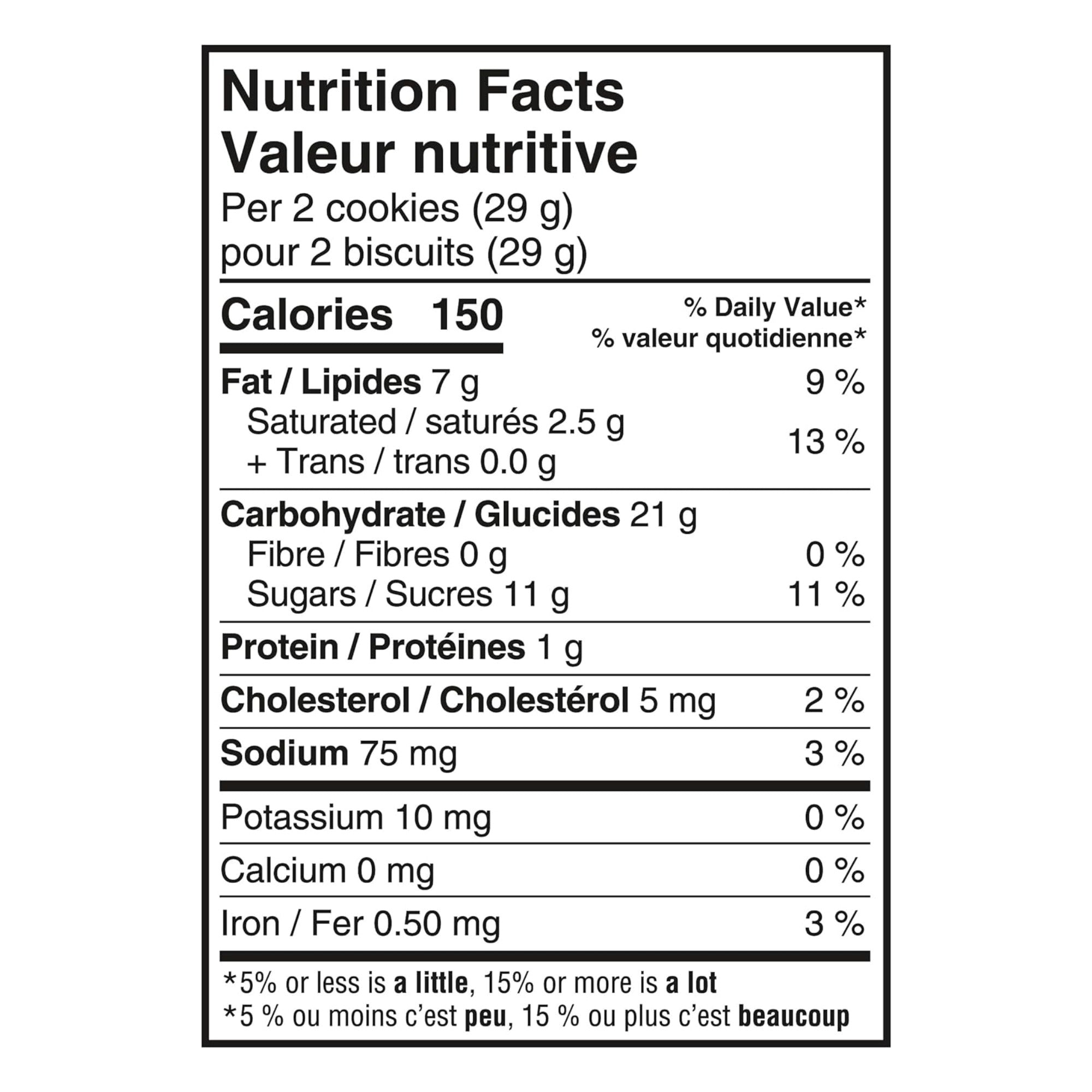 A Nutrition Facts label for cookies, showing calories, fat, carbohydrates, protein, cholesterol, sodium, potassium, calcium, and iron per 2 cookies (29 g).