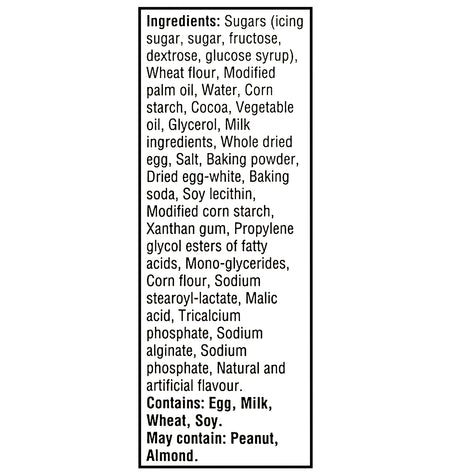 Ingredients list for Oreo Original CAKESTERS, Soft Baked Sandwich Cakes 5x57g on a white background