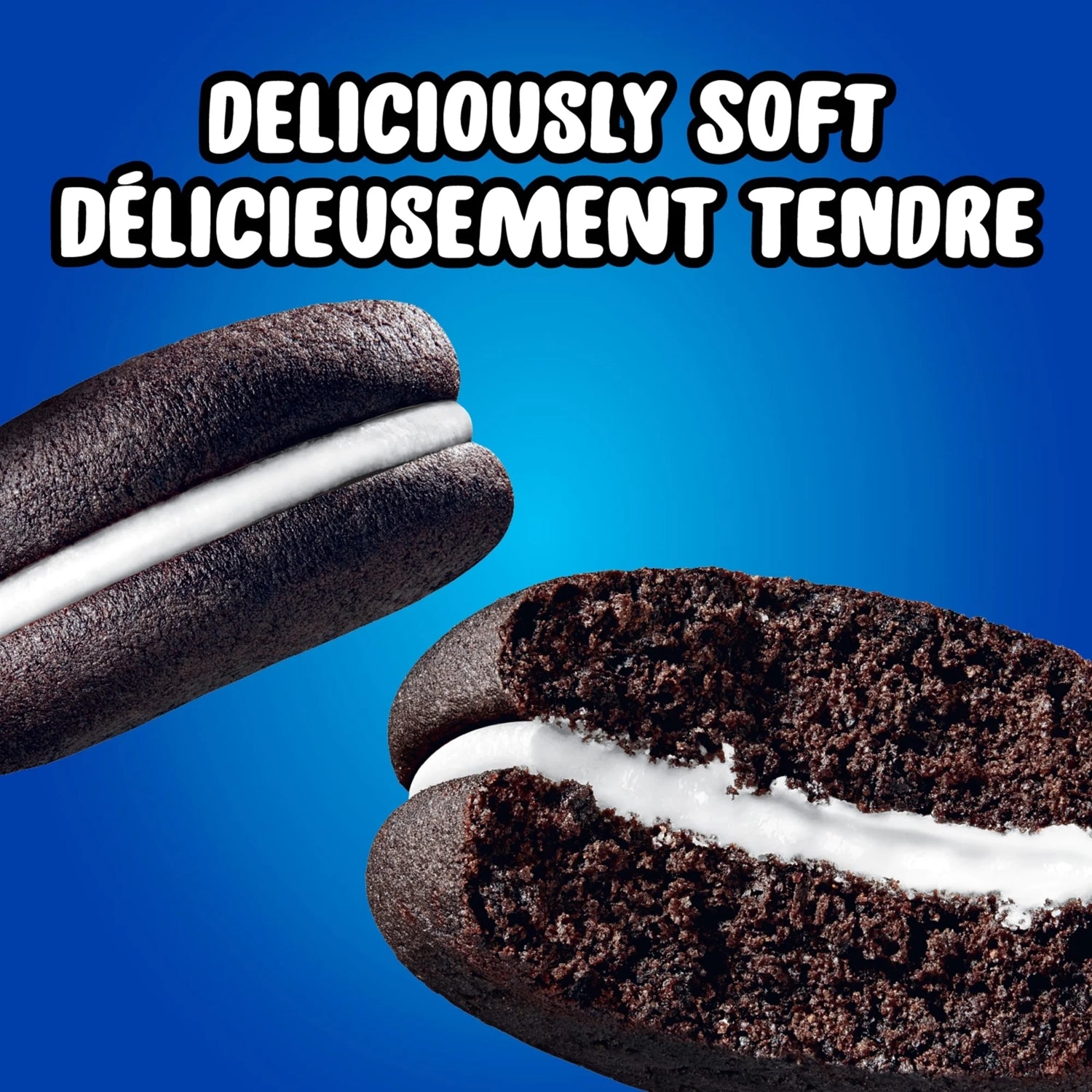 Chocolate cookie with white filling on a blue background with text.