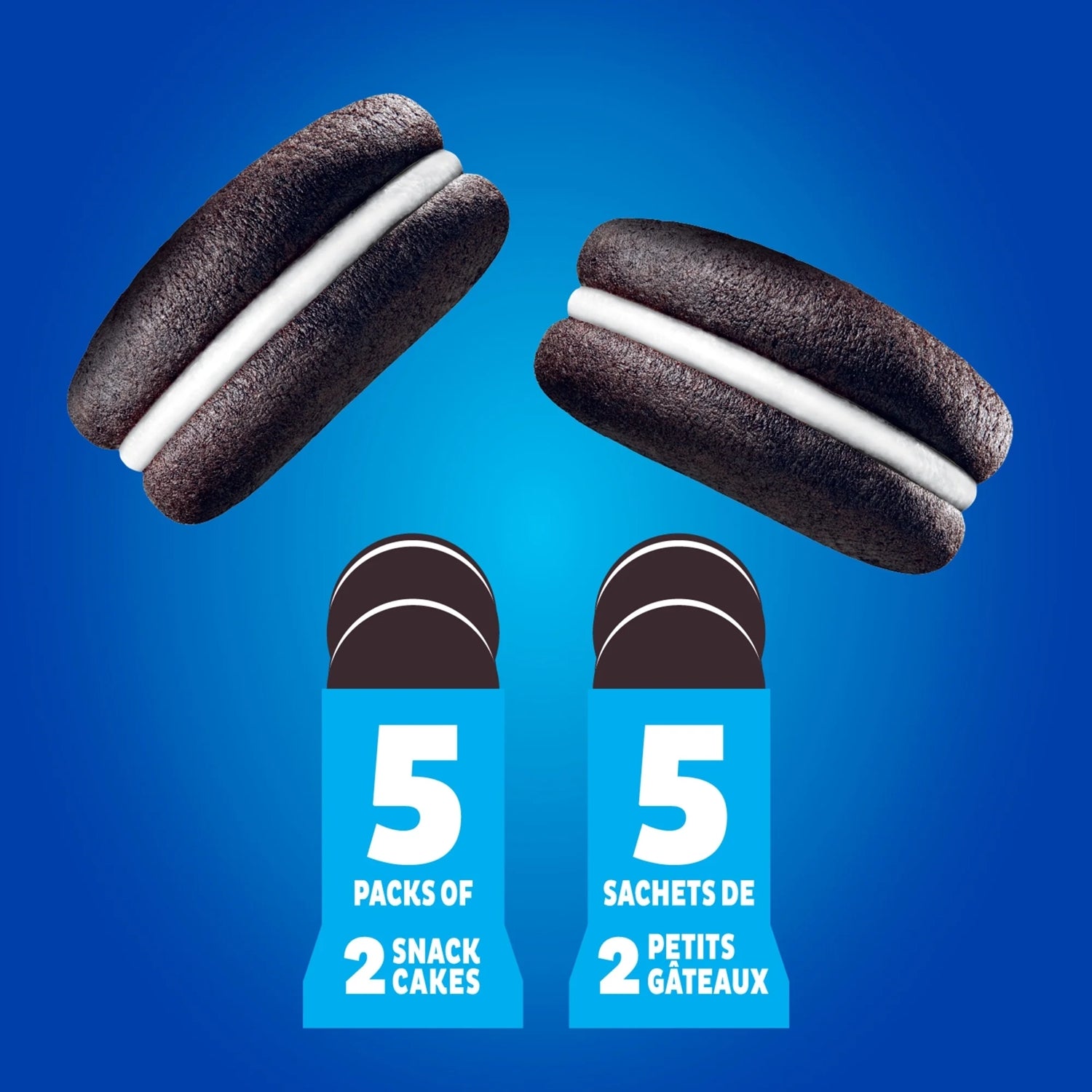 Two chocolate sandwich cookies with white filling on a blue background with text indicating quantity.