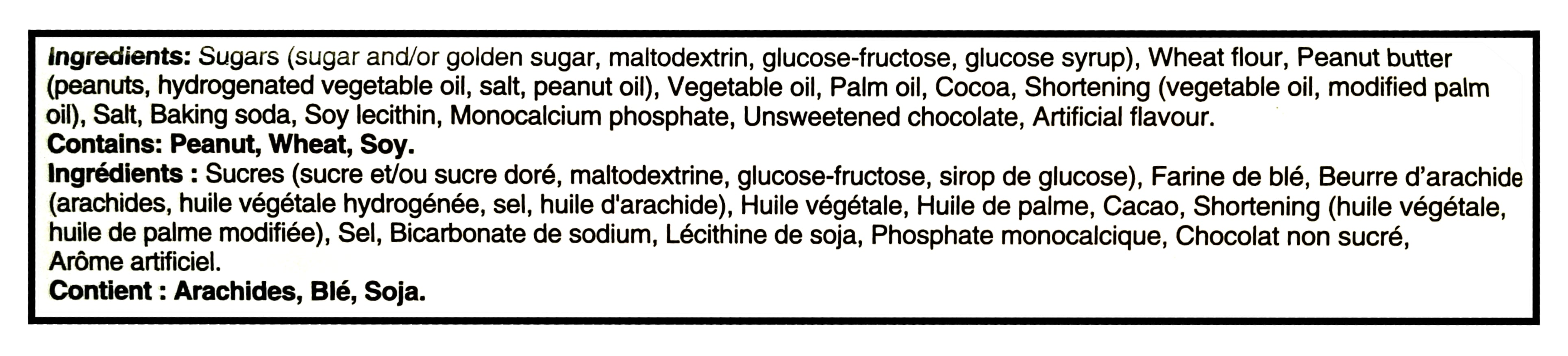 Ingredients list for Oreo Peanut Butter Creme Chocolate Sandwich Cookies, 486g/17.1 oz