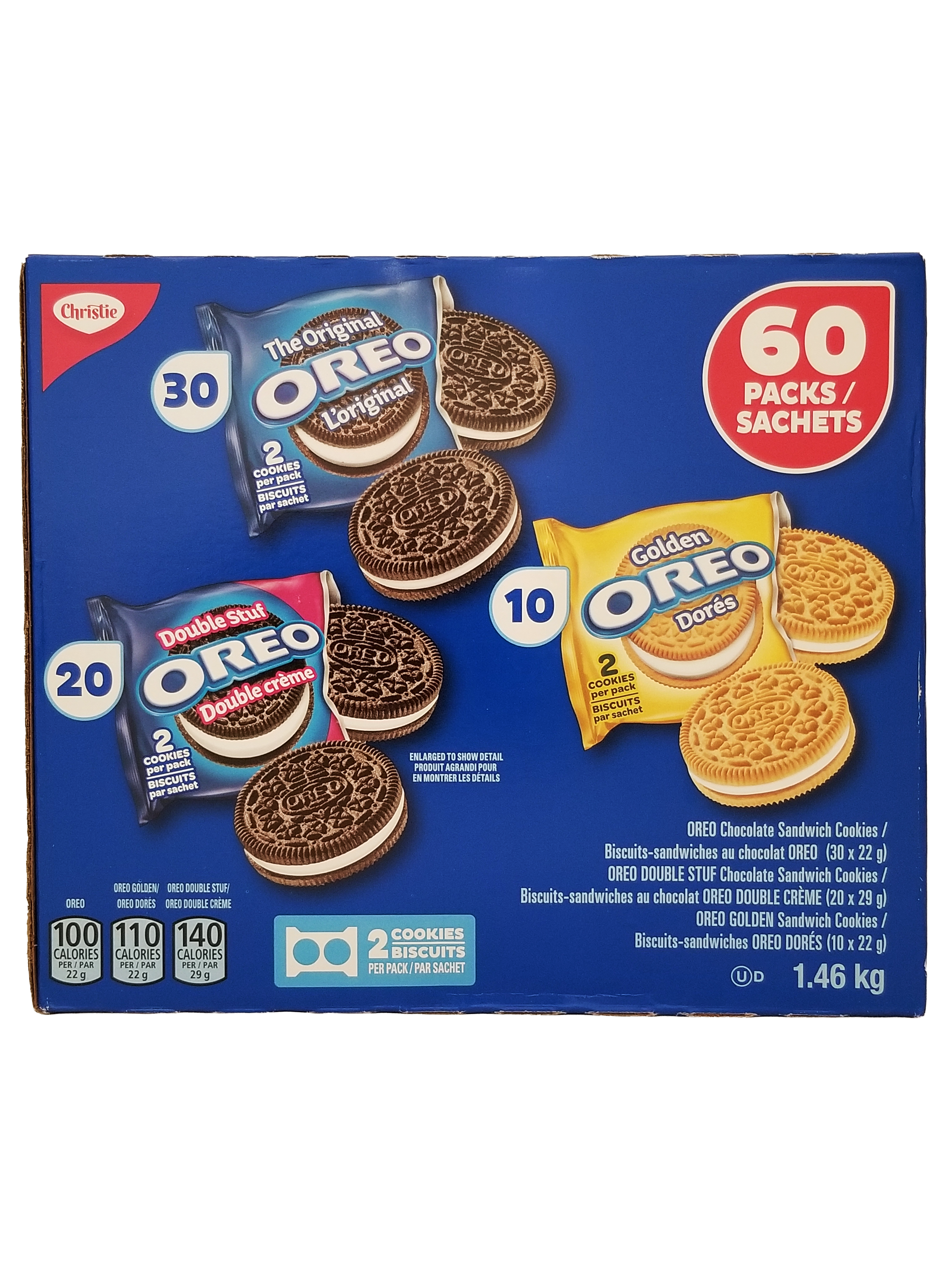 Box of Oreo Cookies Variety Pack - Original Oreos, Golden Oreos, Double Stuff Oreos, 1.46kg/51.4 oz with packaging details on a white background
