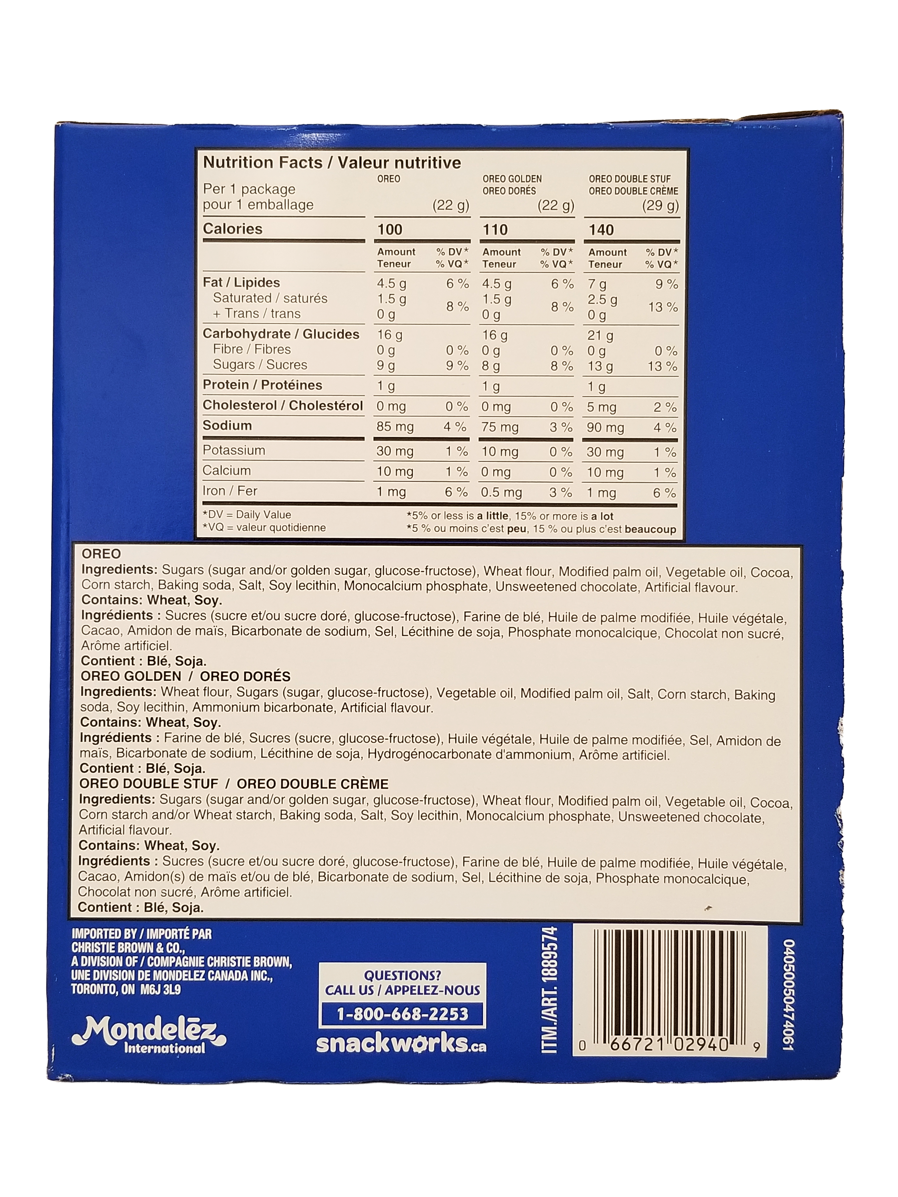 Back of Oreo Cookies Variety Pack - Original Oreos, Golden Oreos, Double Stuff Oreos, 1.46kg/51.4 oz with nutritional information and ingredient list on a blue background