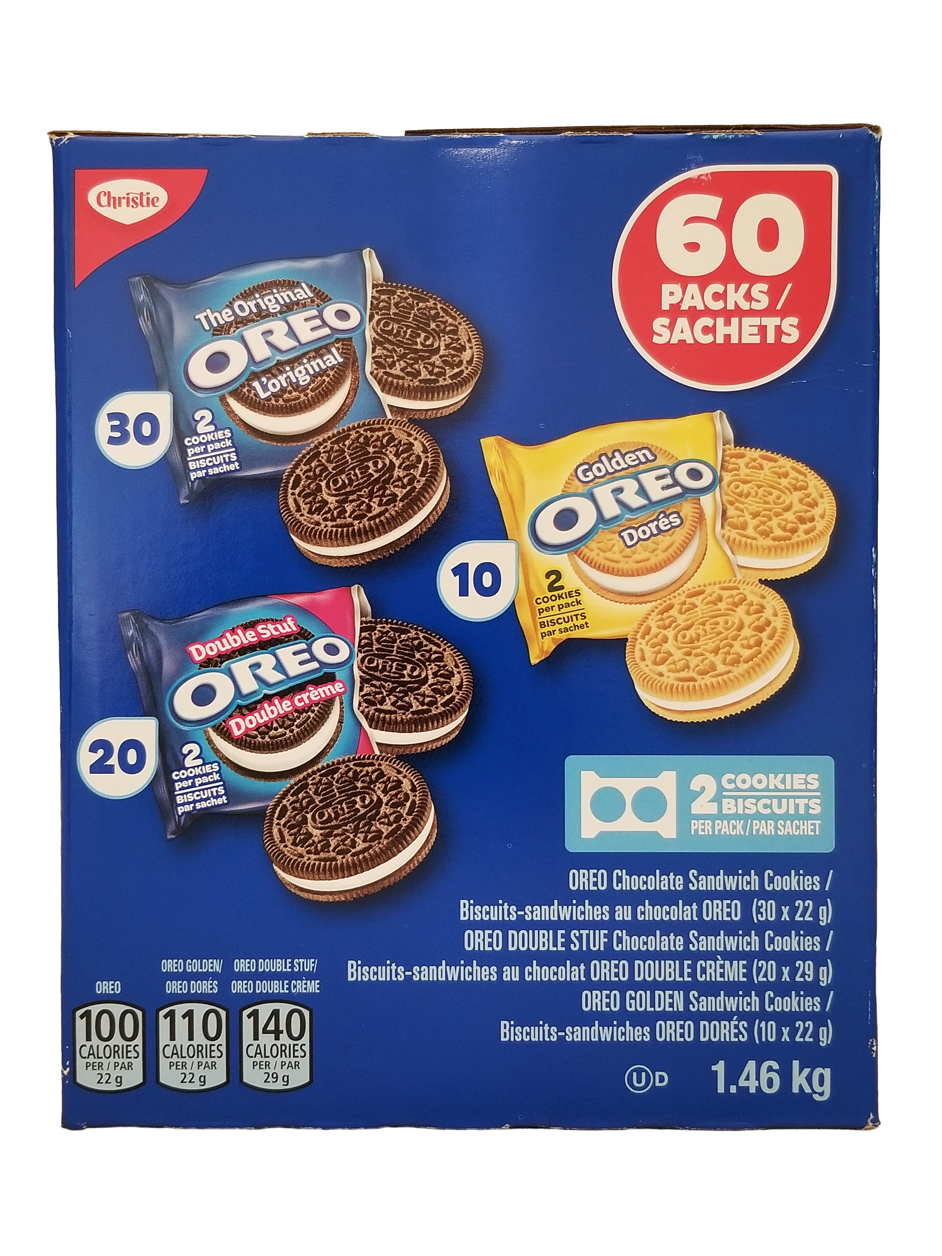 Box of Oreo Cookies Variety Pack - Original Oreos, Golden Oreos, Double Stuff Oreos, 1.46kg/51.4 oz on a blue background
