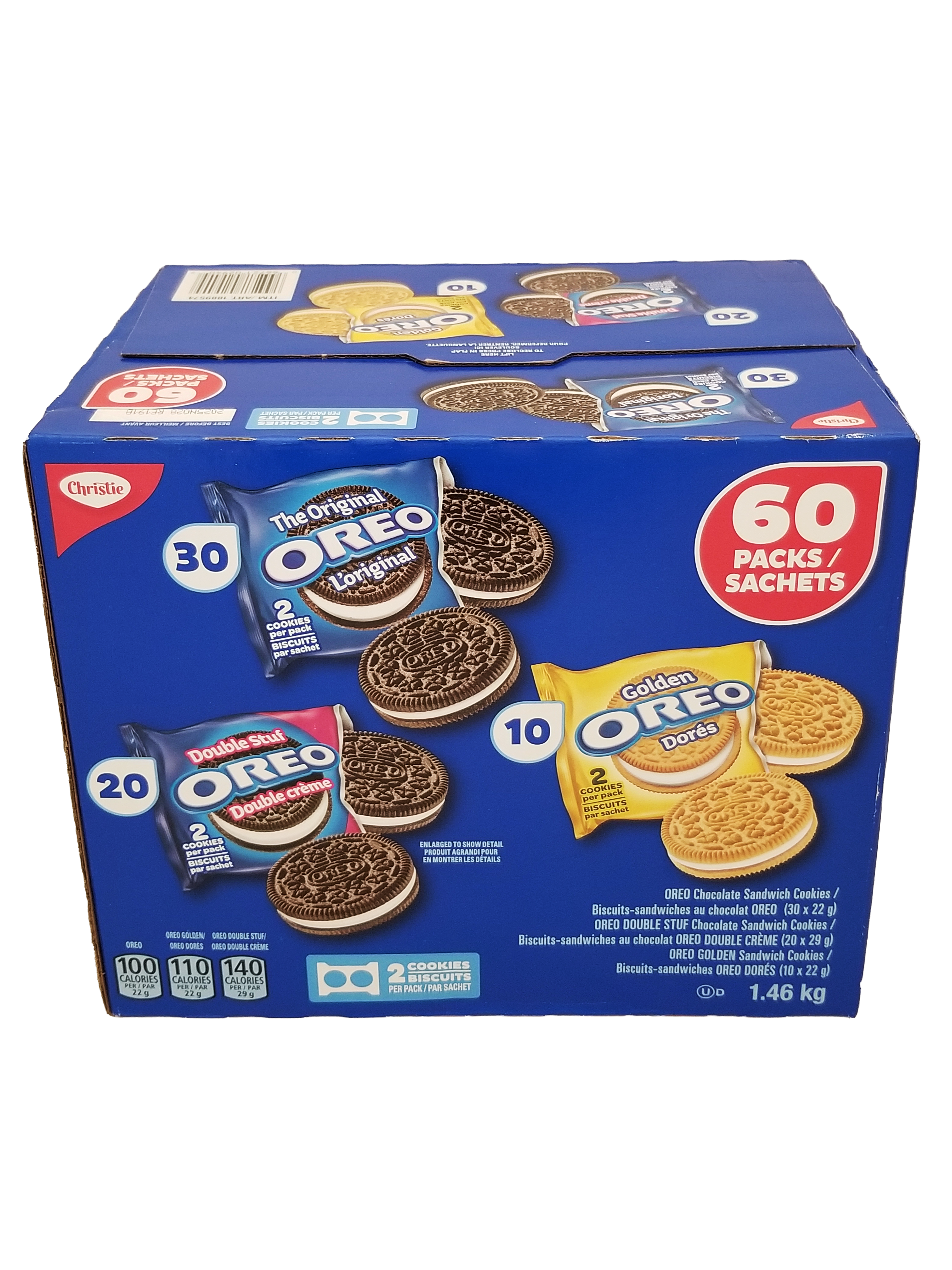 Box of Oreo Cookies Variety Pack - Original Oreos, Golden Oreos, Double Stuff Oreos, 1.46kg/51.4 oz on a white background