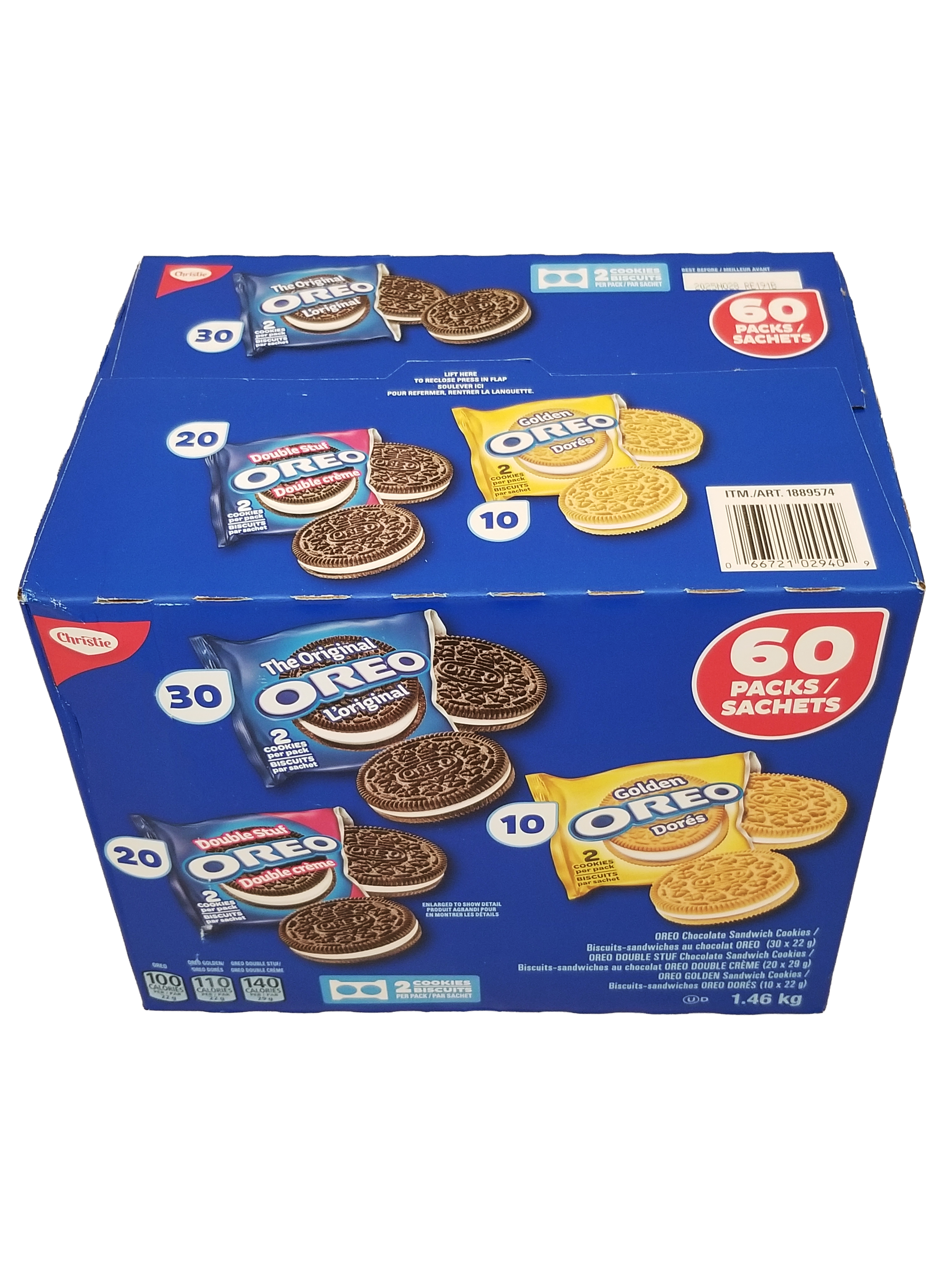 Box of Oreo Cookies Variety Pack - Original Oreos, Golden Oreos, Double Stuff Oreos, 1.46kg/51.4 oz with blue and red design on a white background