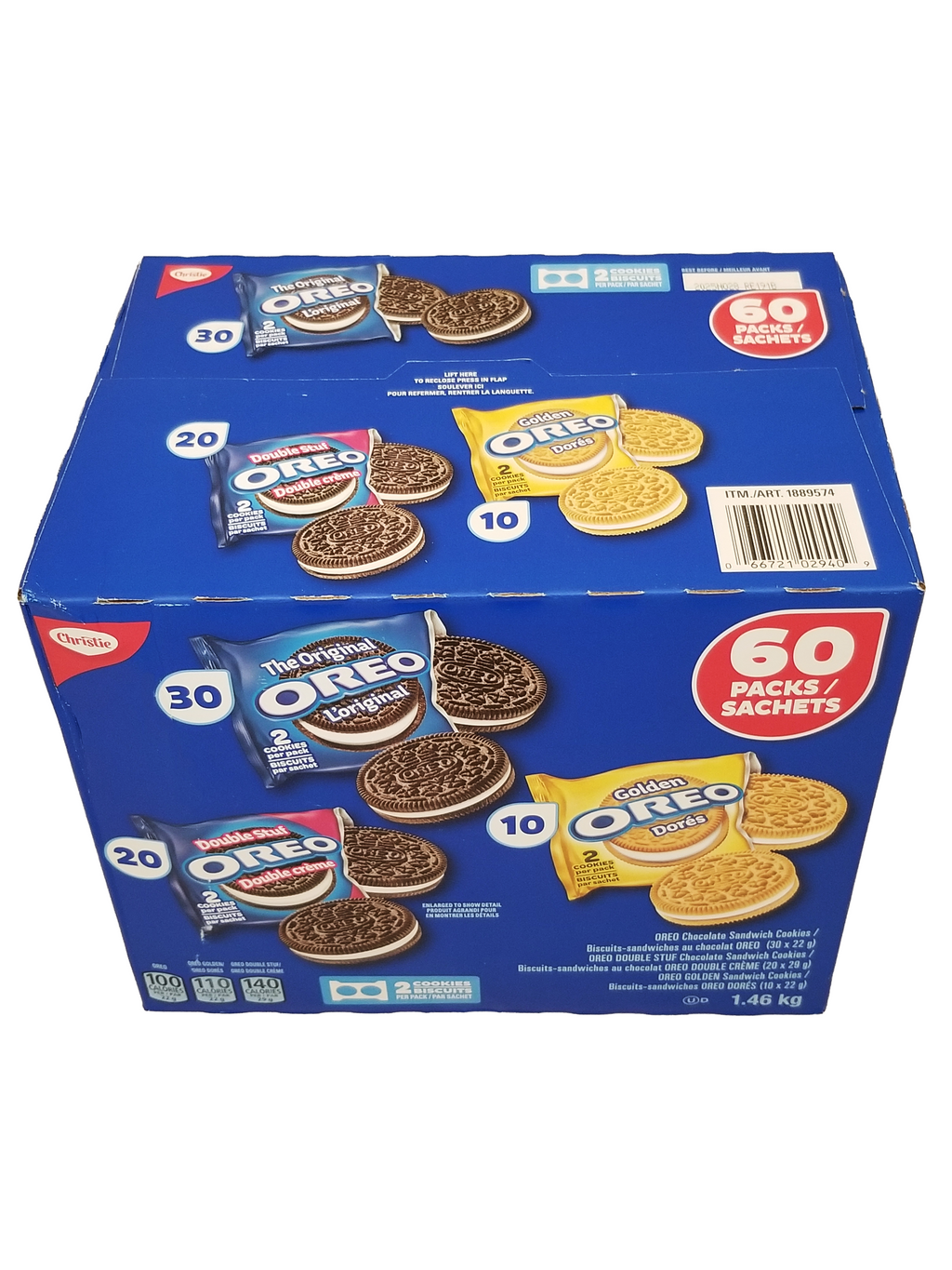 Box of Oreo Cookies Variety Pack - Original Oreos, Golden Oreos, Double Stuff Oreos, 1.46kg/51.4 oz with blue and red design on a white background