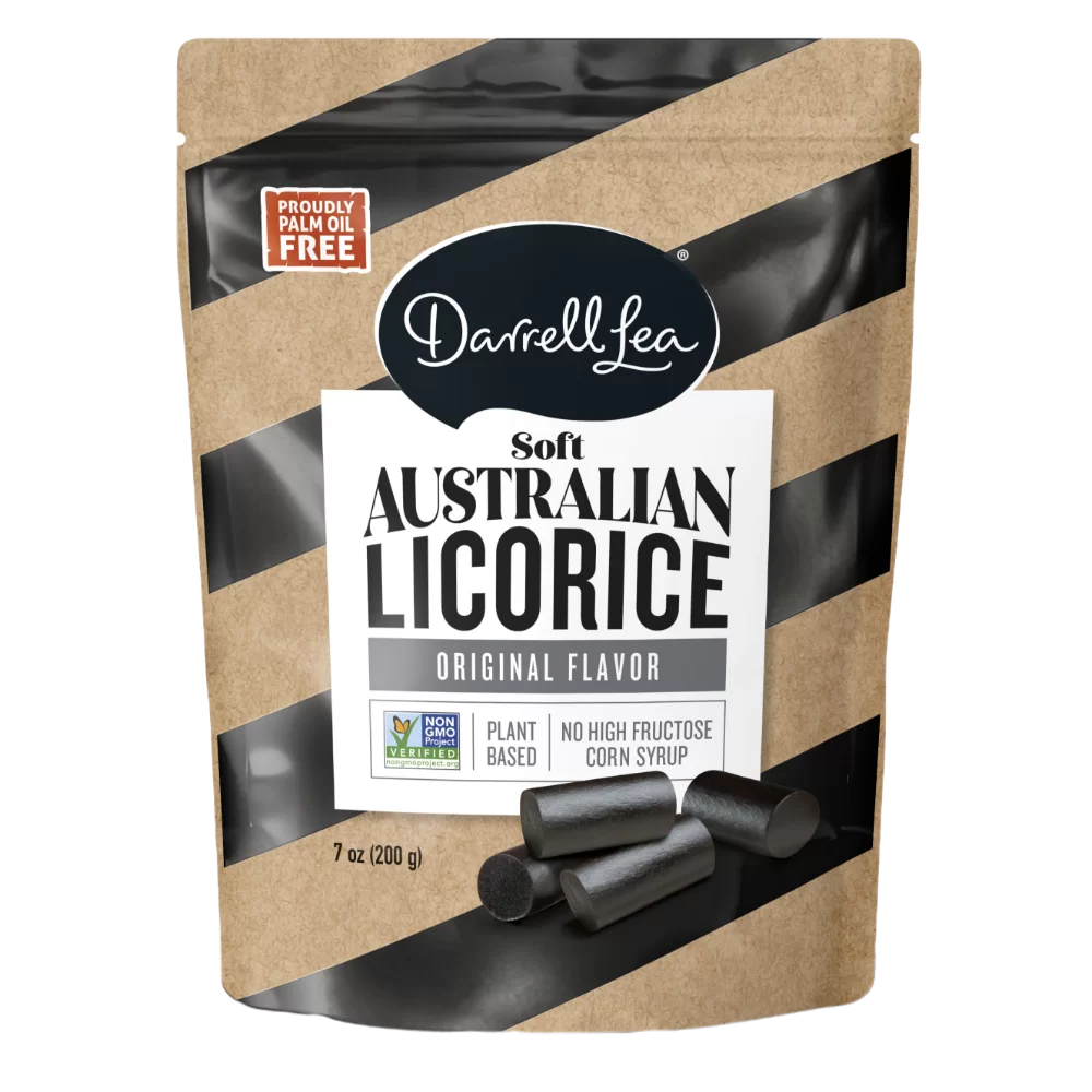 Darrell Lea Soft Australian Plant Based Licorice, Original Flavor, 200g, front of bag.
