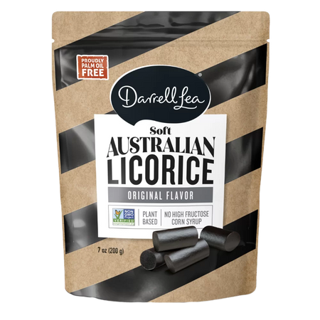Darrell Lea Soft Australian Plant Based Licorice, Original Flavor, 200g, front of bag.