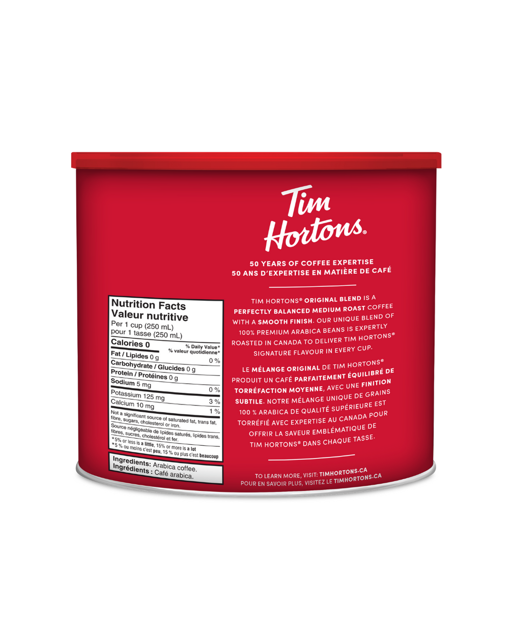 Tim Hortons coffee can with nutritional information on a white background