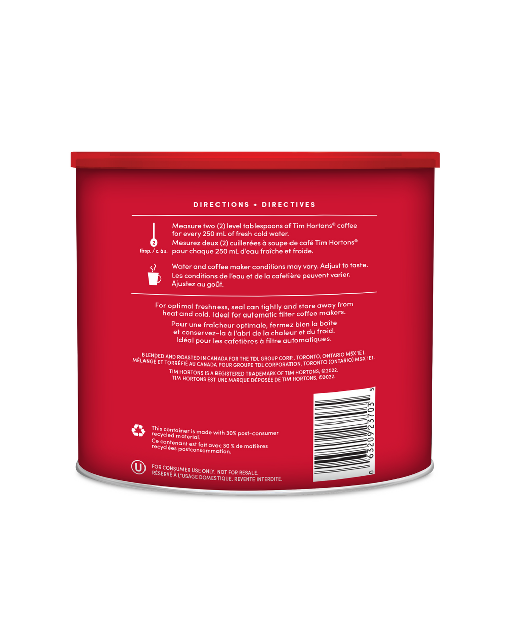 Red container with text and a barcode on a white background