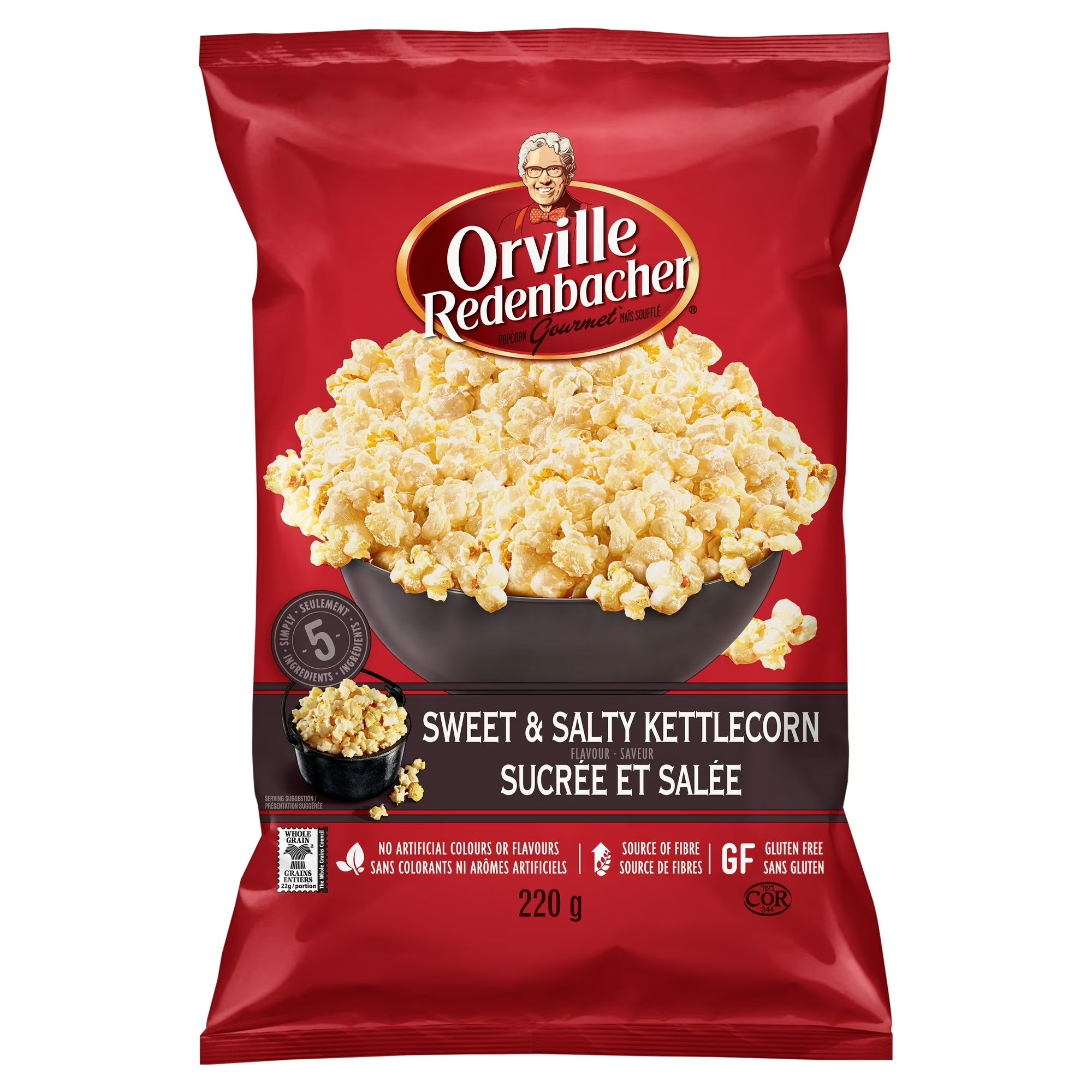 Orville Redenbacher's Sweet & Salty Kettlecorn Popcorn 220g front of bag, gluten free non-GMO whole grain snack