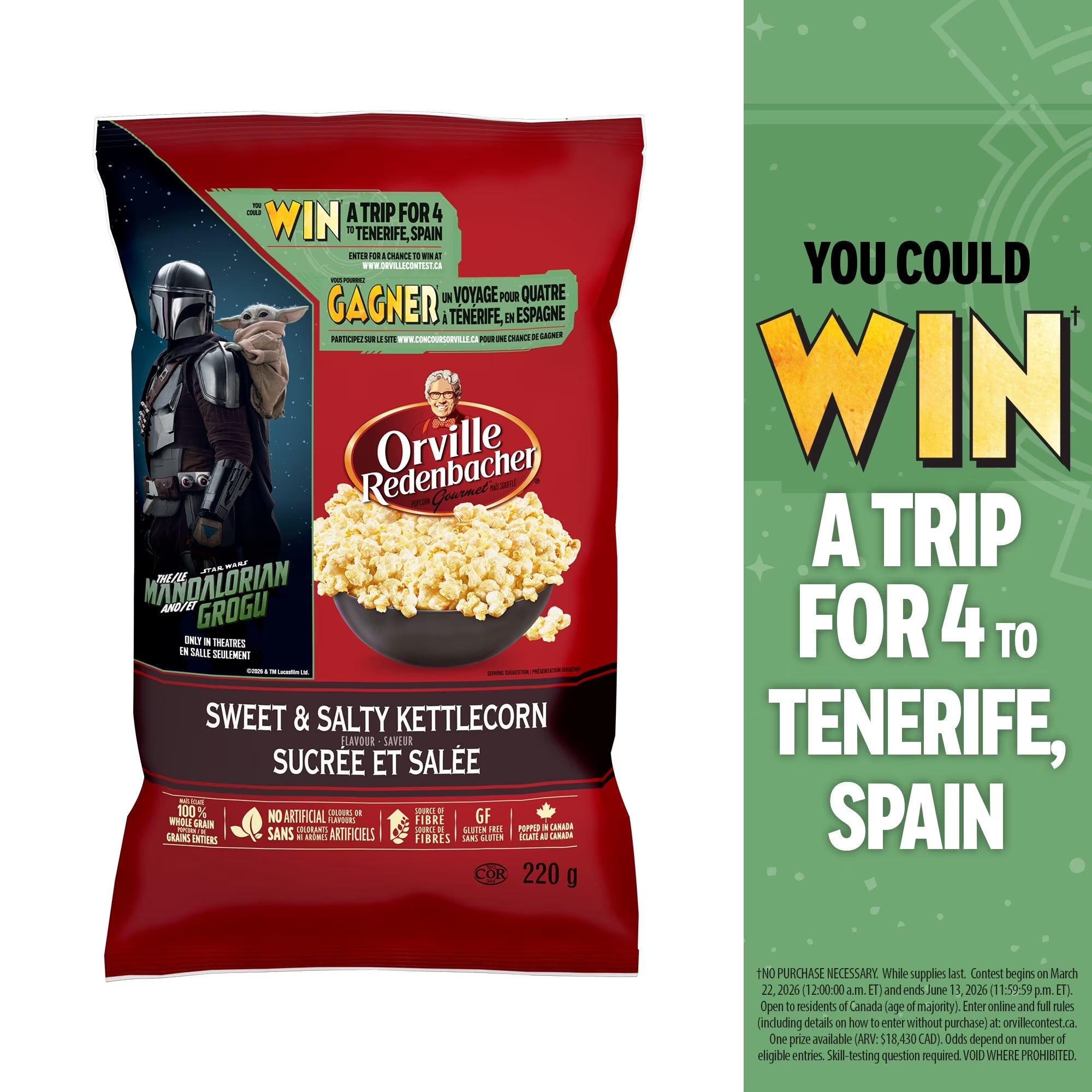 Orville Redenbacher's Sweet & Salty Kettlecorn 220g bag front view, sweet salty popcorn snack