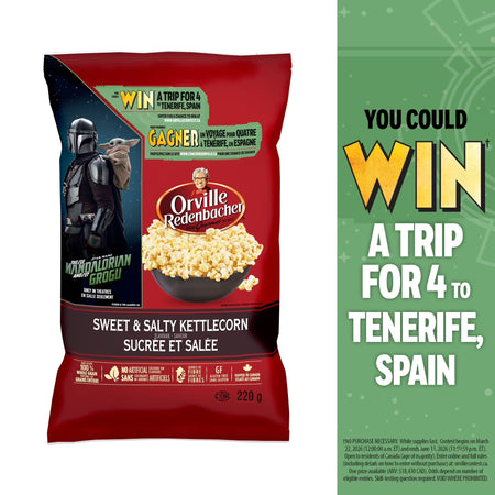 Orville Redenbacher's Sweet & Salty Kettlecorn 220g bag front view, sweet salty popcorn snack