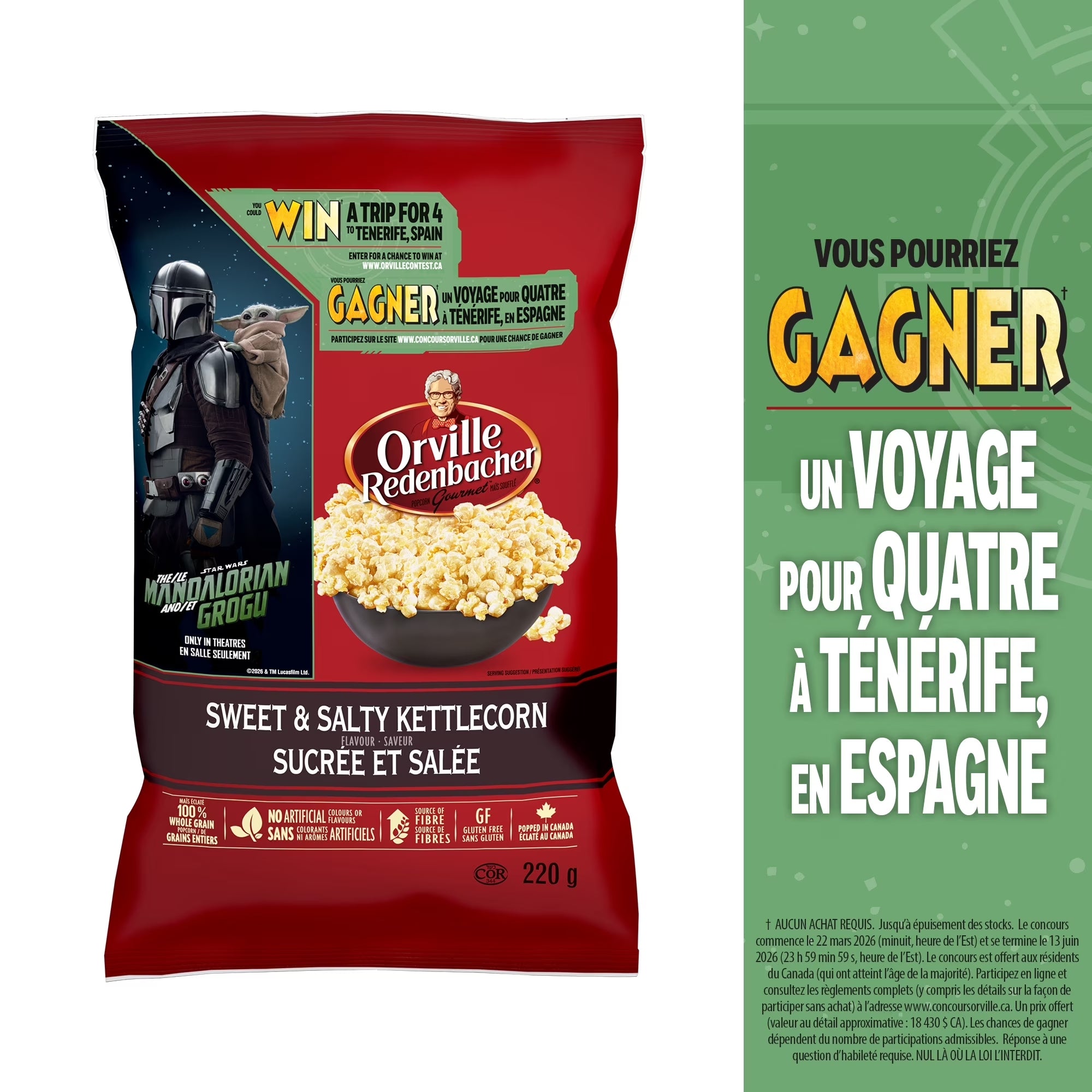 Orville Redenbacher's Kettlecorn Popcorn 220g alternate front view, whole grain gluten free snack