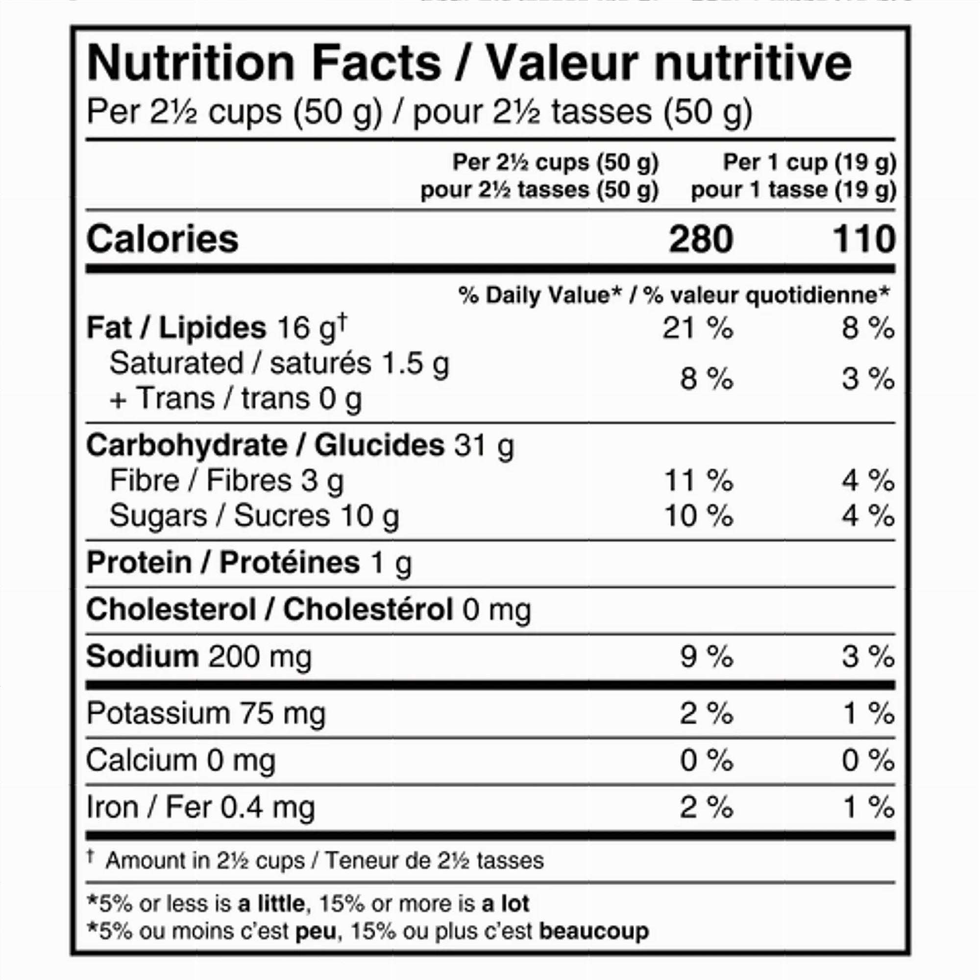 Orville Redenbacher's Kettlecorn Popcorn 220g nutrition facts panel, high fiber gluten free popcorn