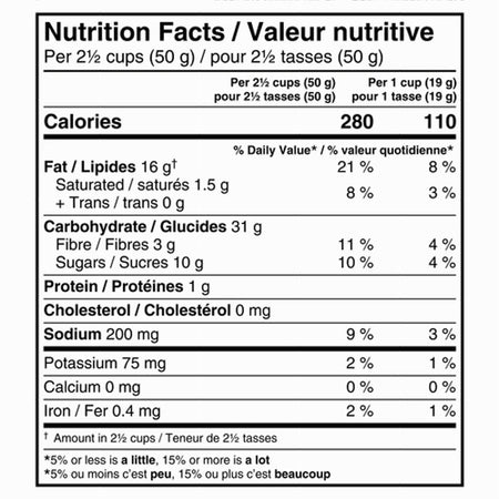 Orville Redenbacher's Kettlecorn Popcorn 220g nutrition facts panel, high fiber gluten free popcorn
