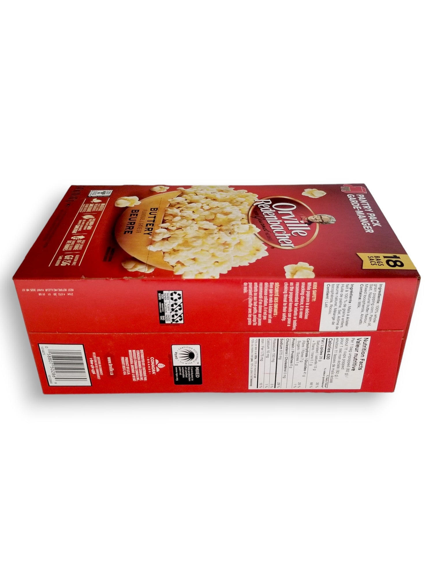 Orville Redenbacher Buttery Popcorn, Microwave Popping Corn Bags, 18pk, 1.47kg, side of box.